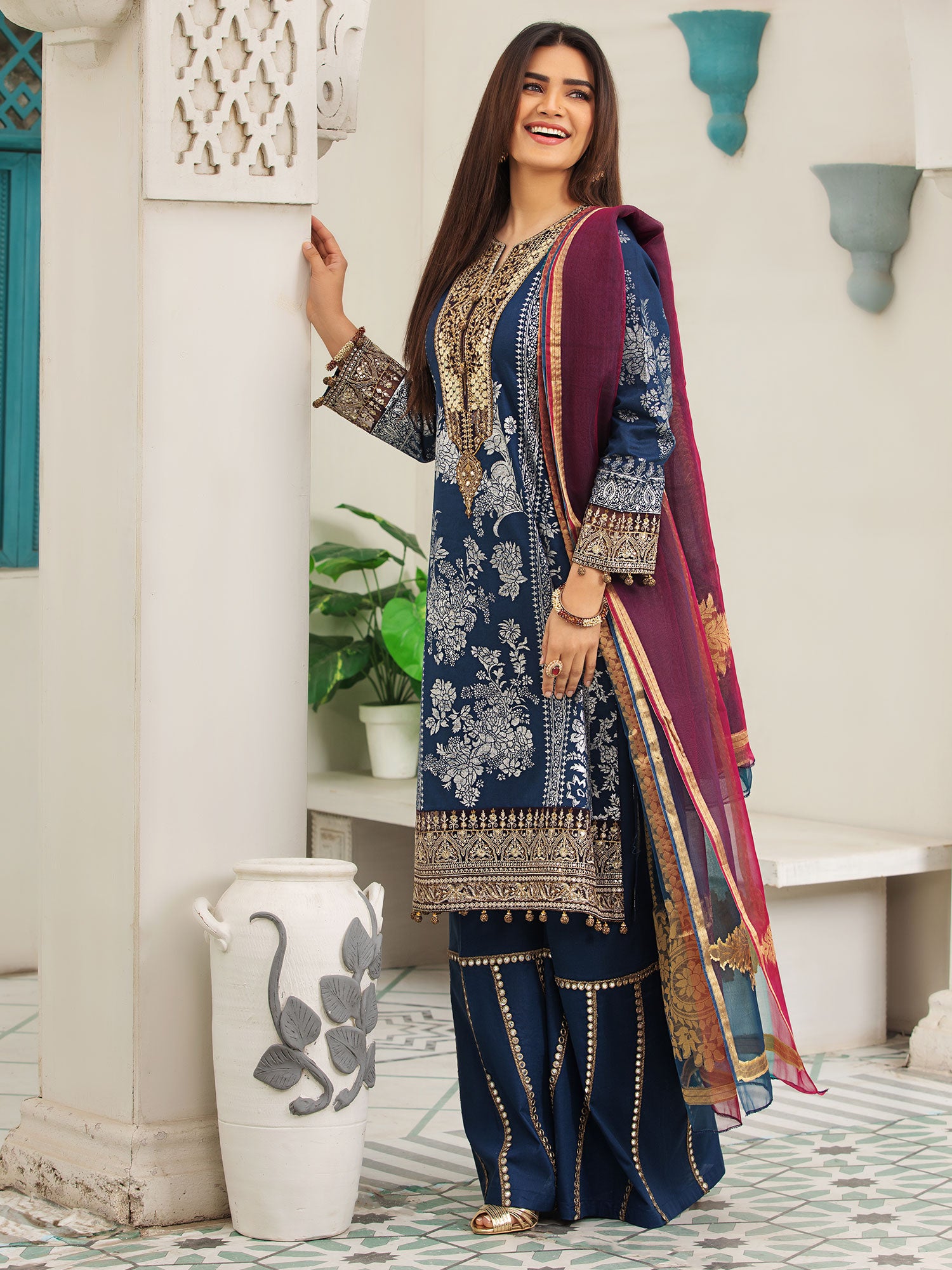 Heera's Blue Embroidered Cambric Cotton Suit