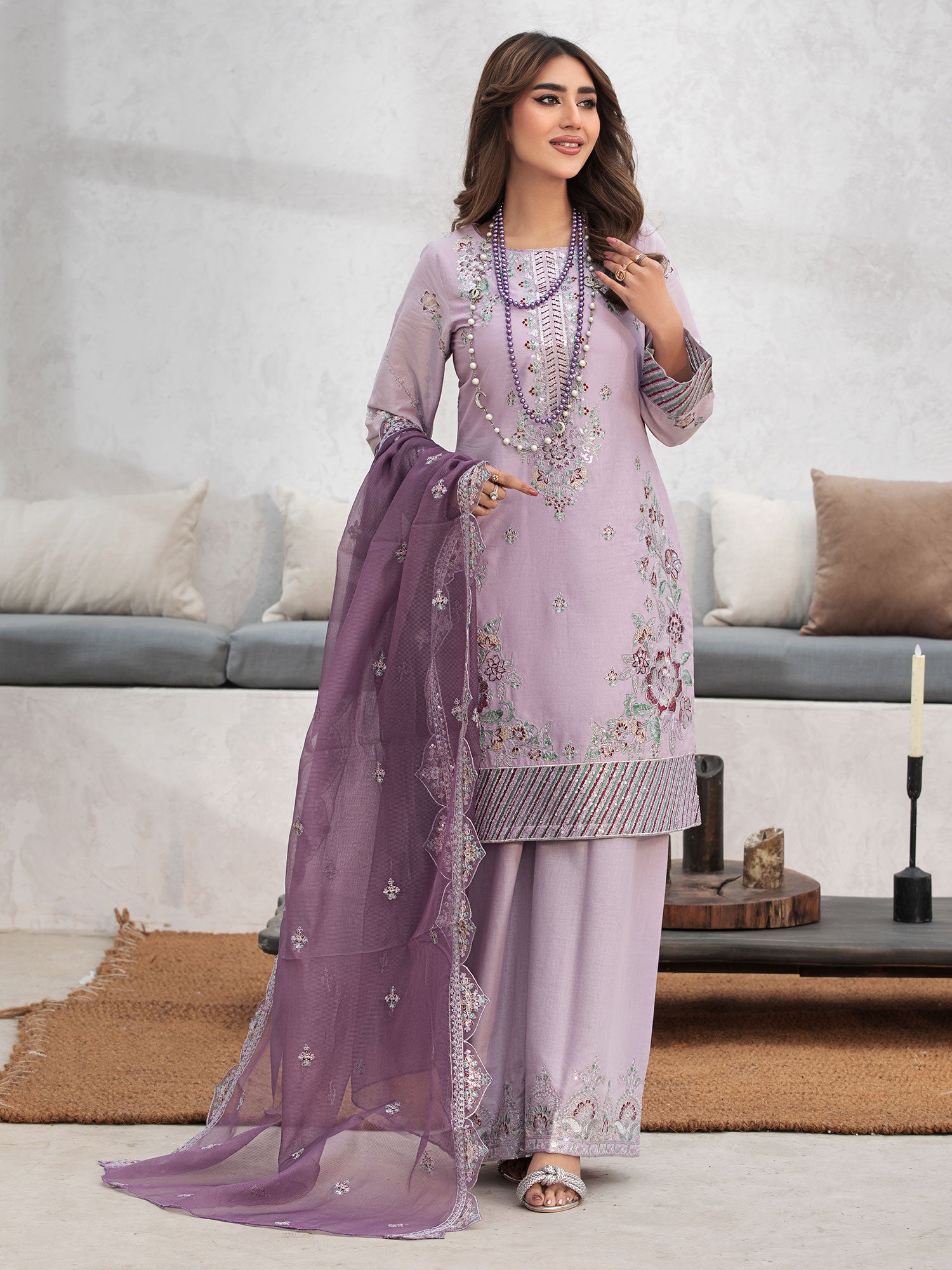 Heera's Lilac Embroidered Cambric Cotton Suit