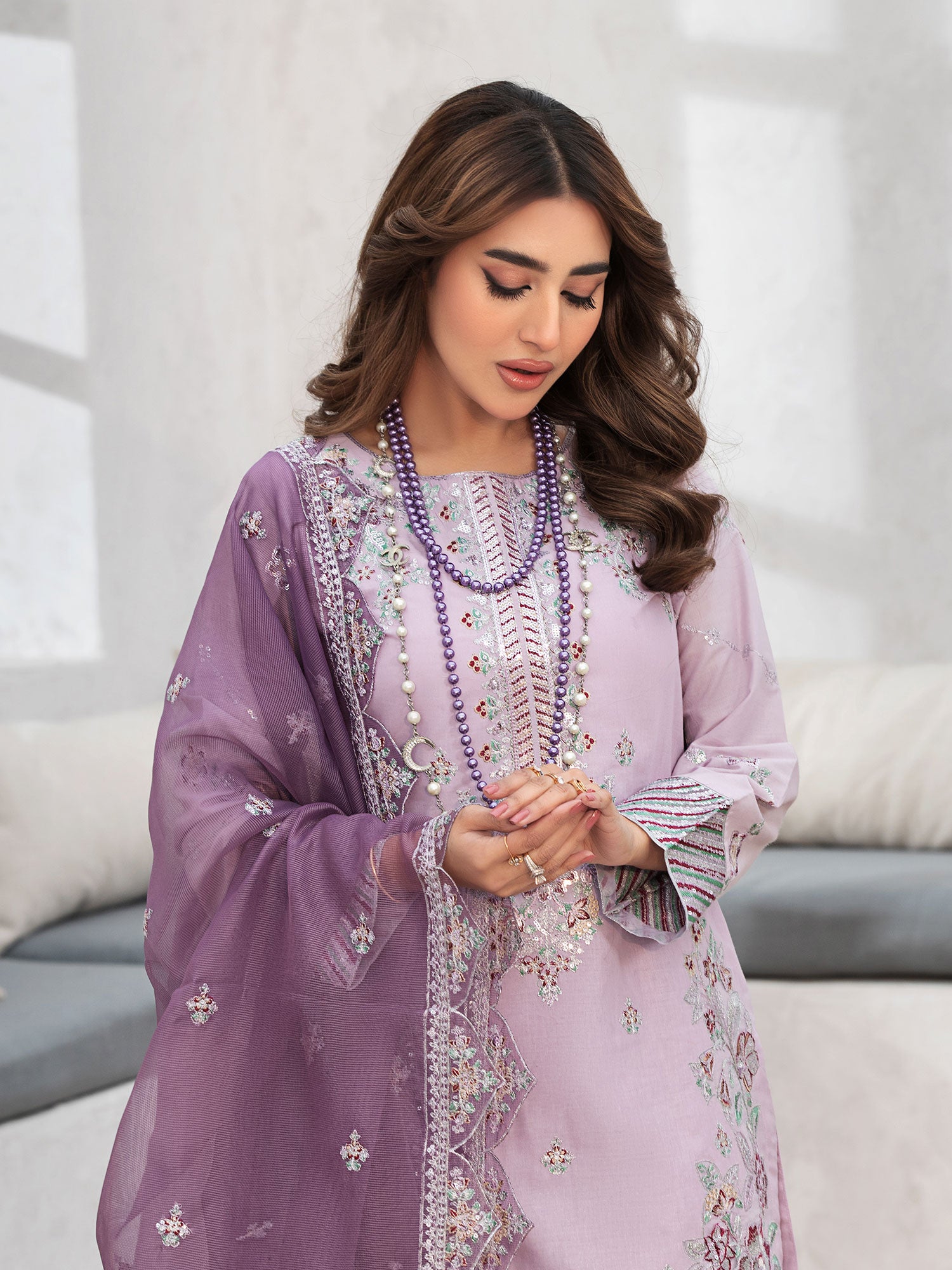 Heera's Lilac Embroidered Cambric Cotton Suit