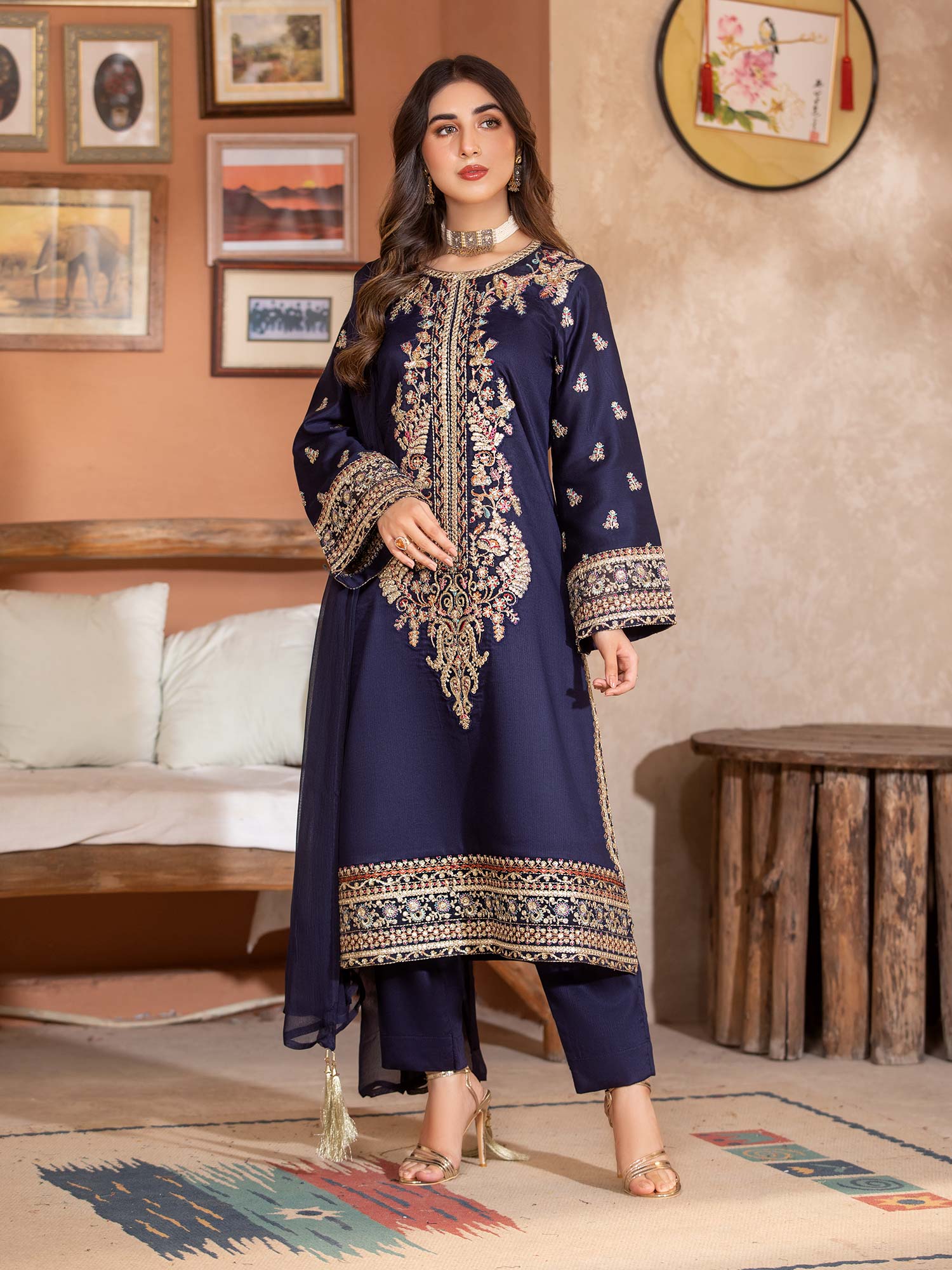 Heera's Navy Luxury Embroidered Winter Linen Suit