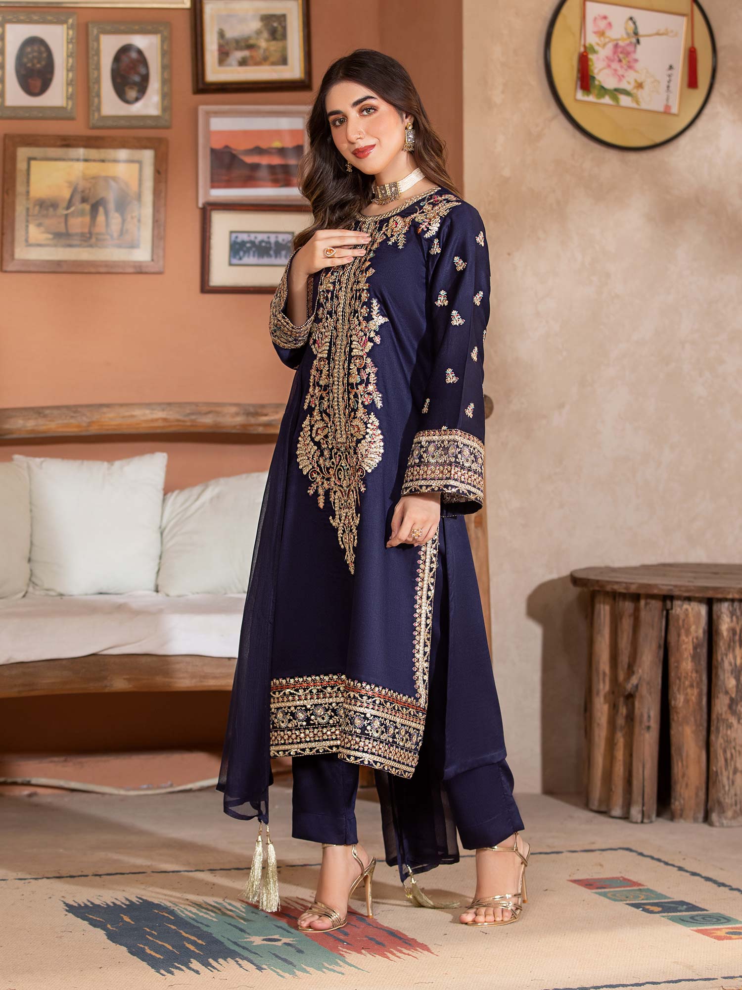 Heera's Navy Luxury Embroidered Winter Linen Suit