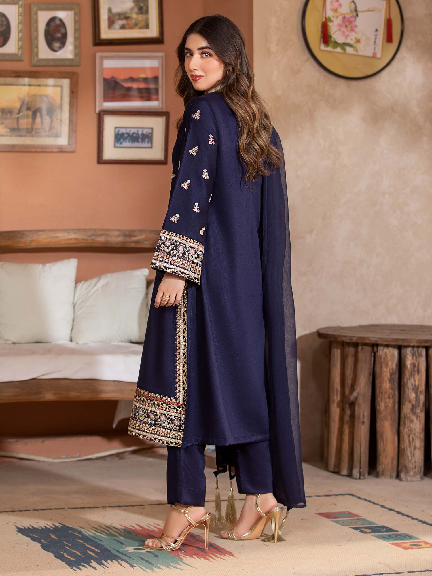 Heera's Navy Luxury Embroidered Winter Linen Suit