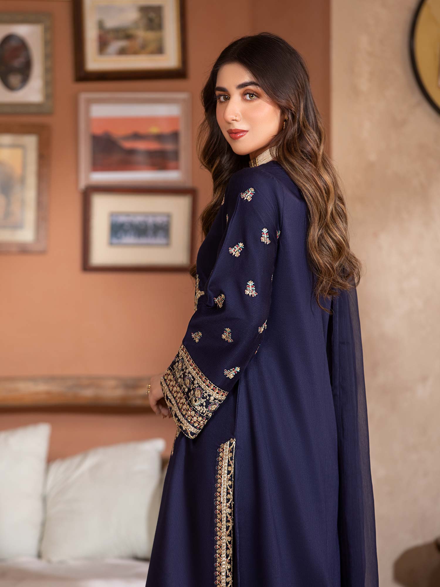 Heera's Navy Luxury Embroidered Winter Linen Suit