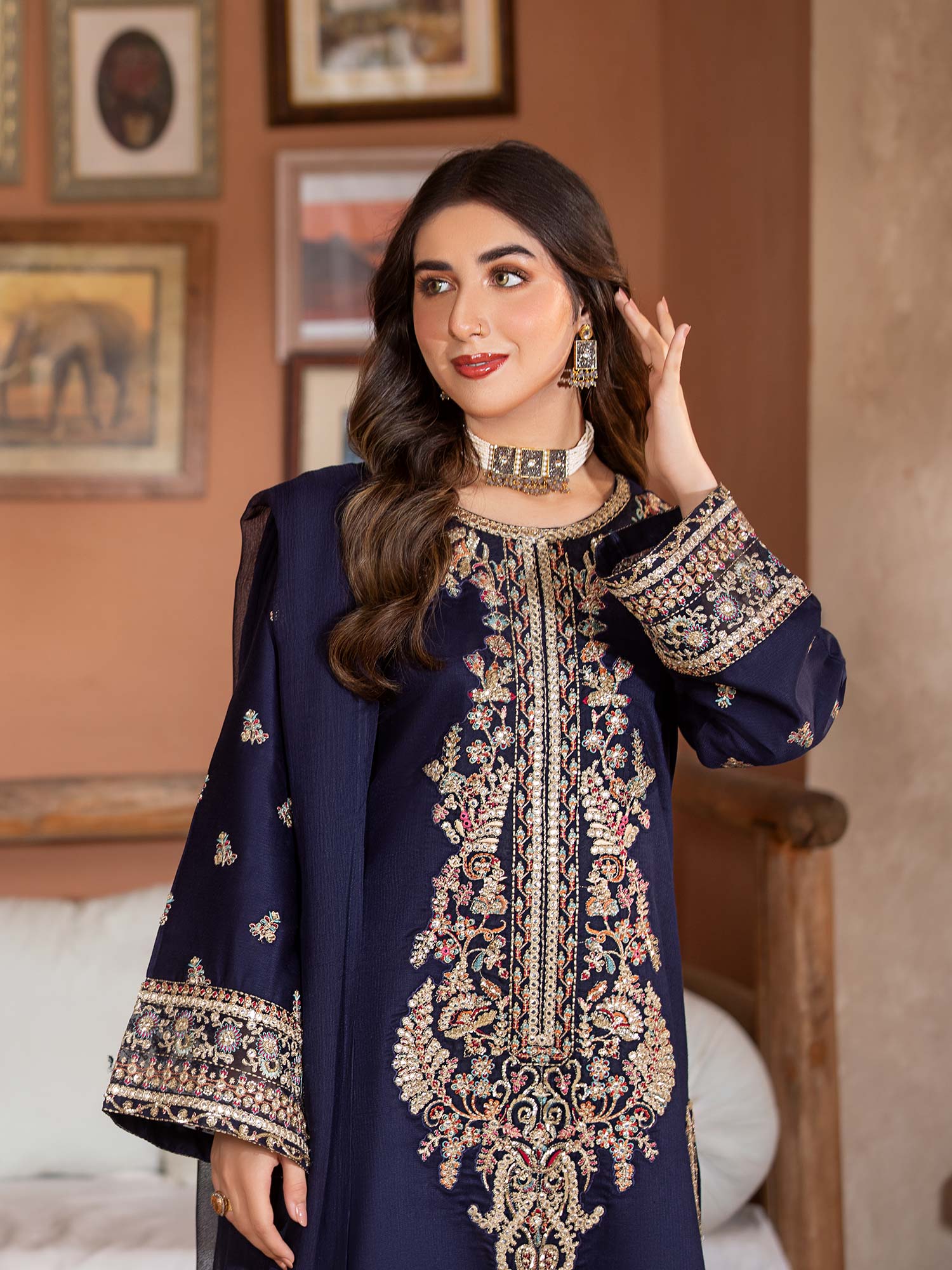 Heera's Navy Luxury Embroidered Winter Linen Suit