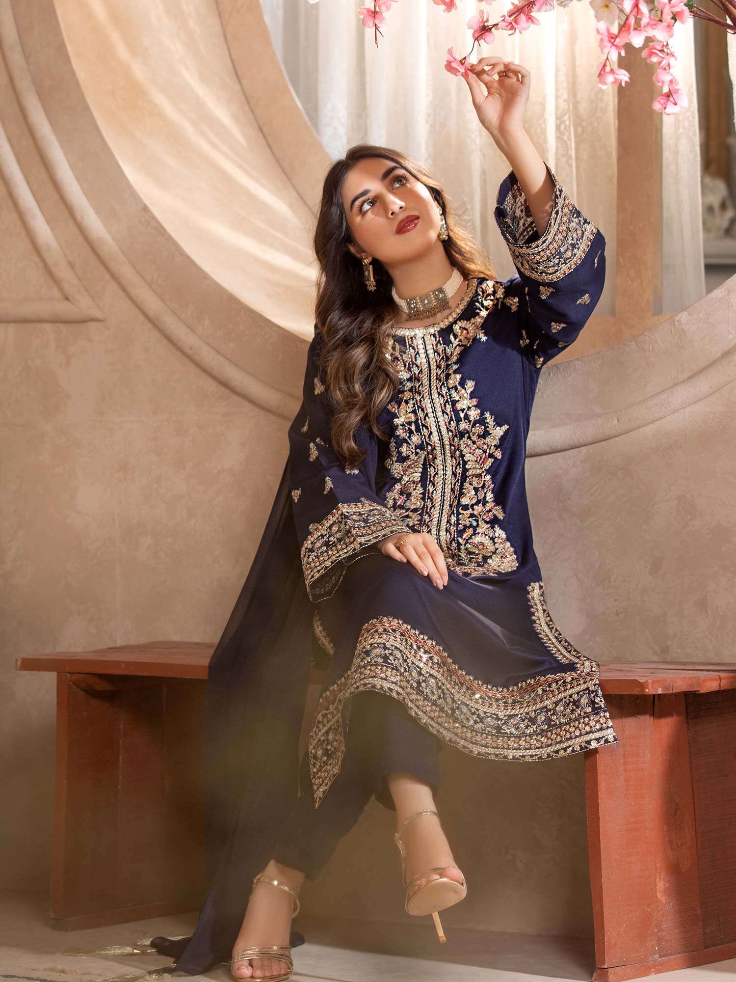 Heera's Navy Luxury Embroidered Winter Linen Suit