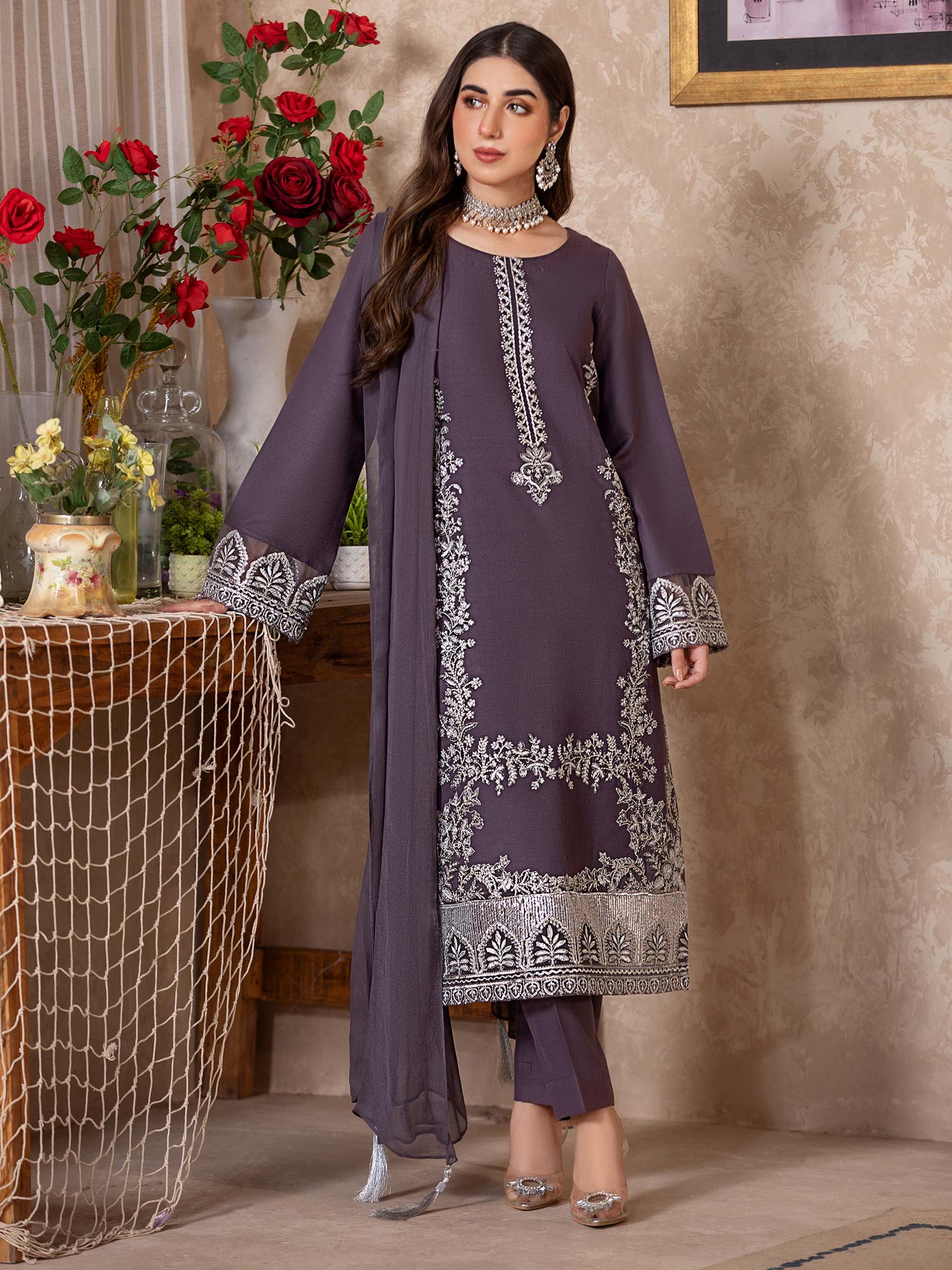 Heera's Mauve Embroidered Winter Linen Suit