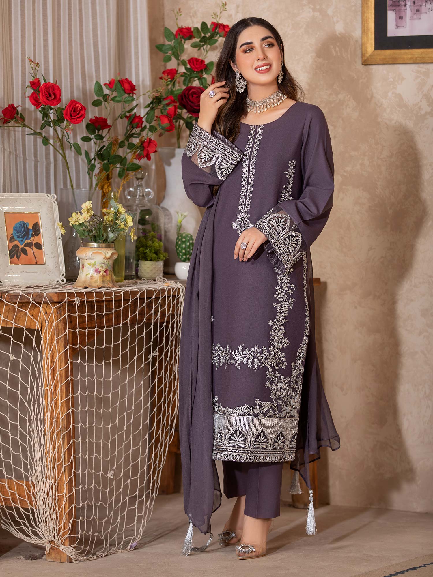 Heera's Mauve Embroidered Winter Linen Suit