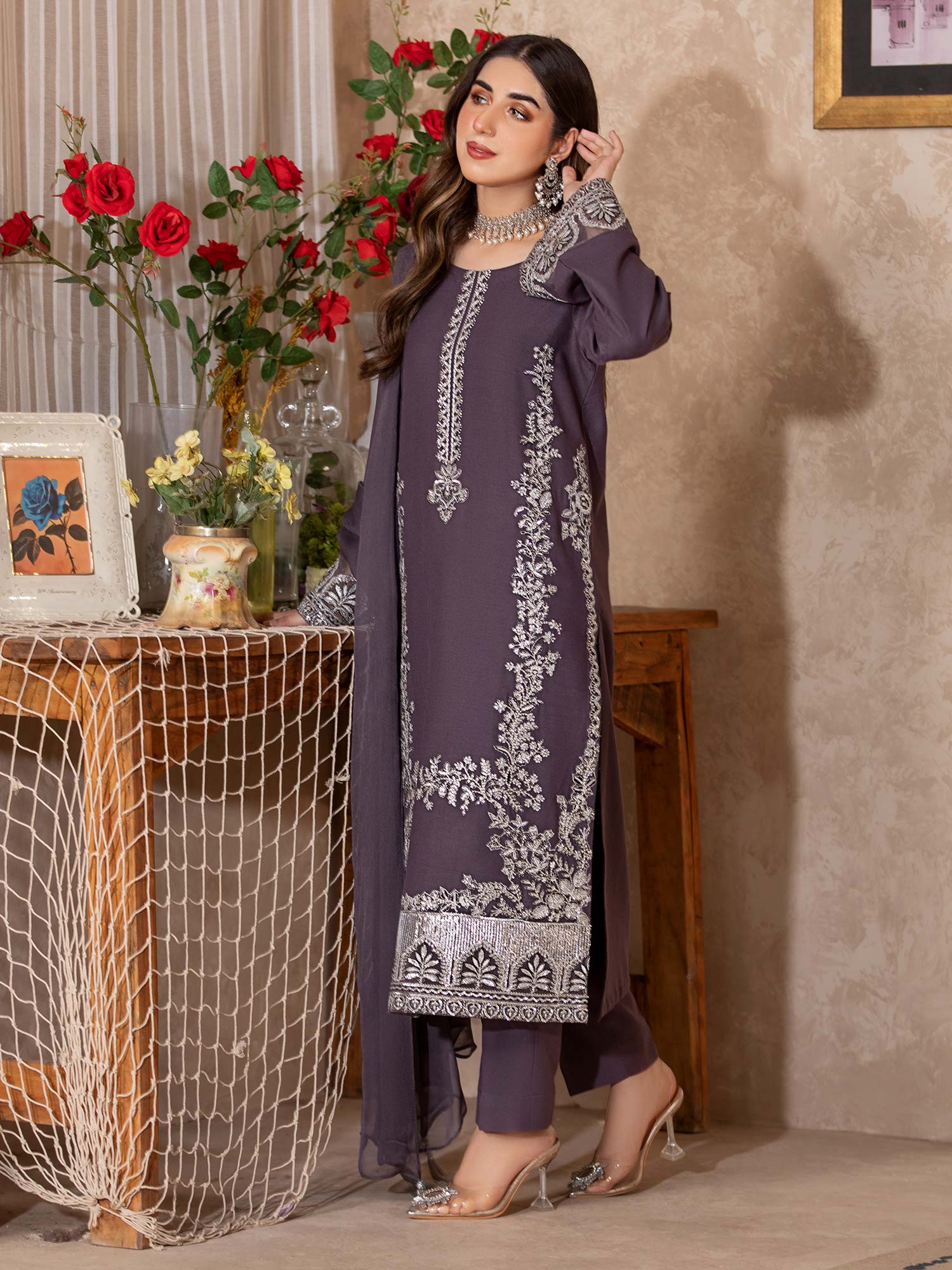 Heera's Mauve Embroidered Winter Linen Suit