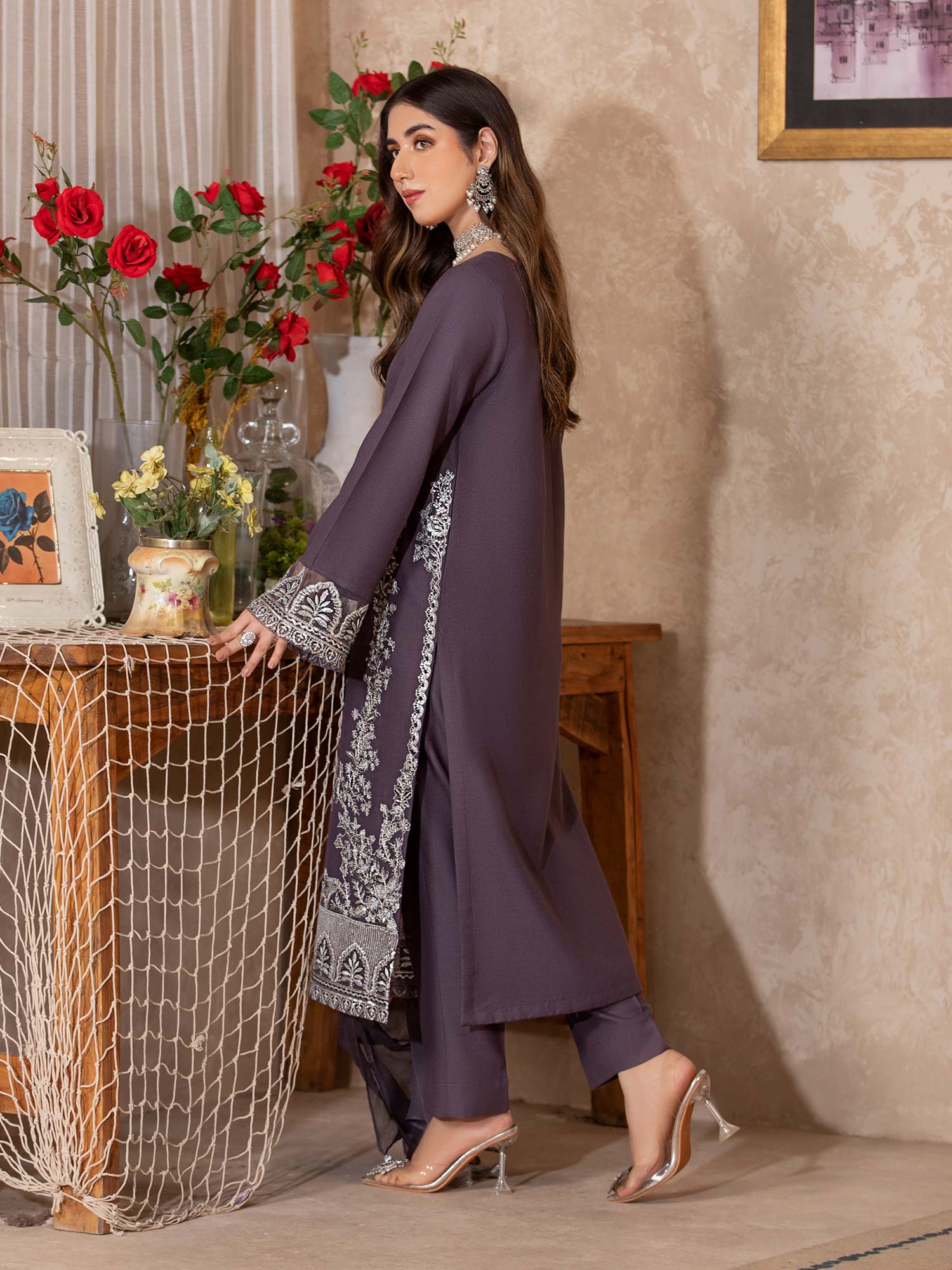 Heera's Mauve Embroidered Winter Linen Suit