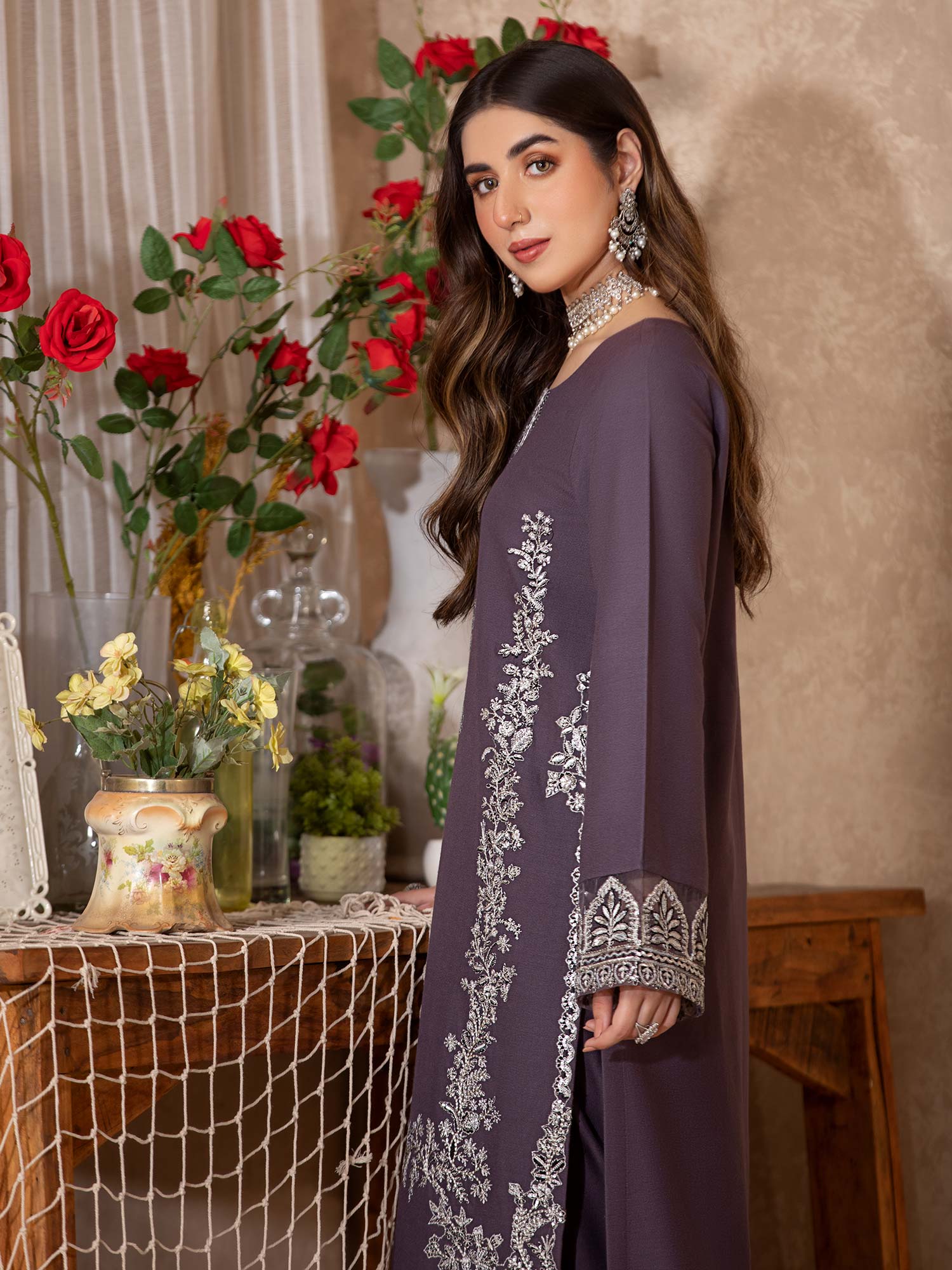 Heera's Mauve Embroidered Winter Linen Suit