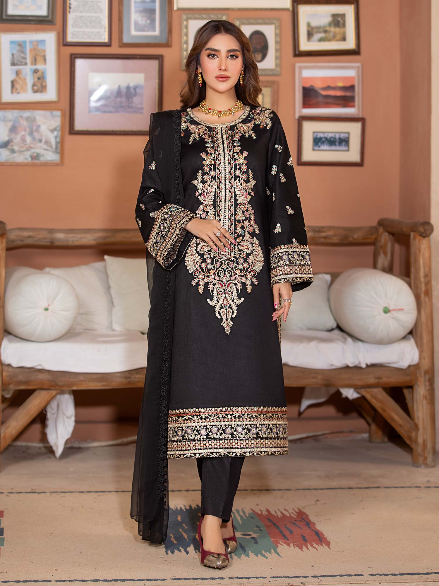 Heera's Black Luxury Embroidered Winter Linen Suit