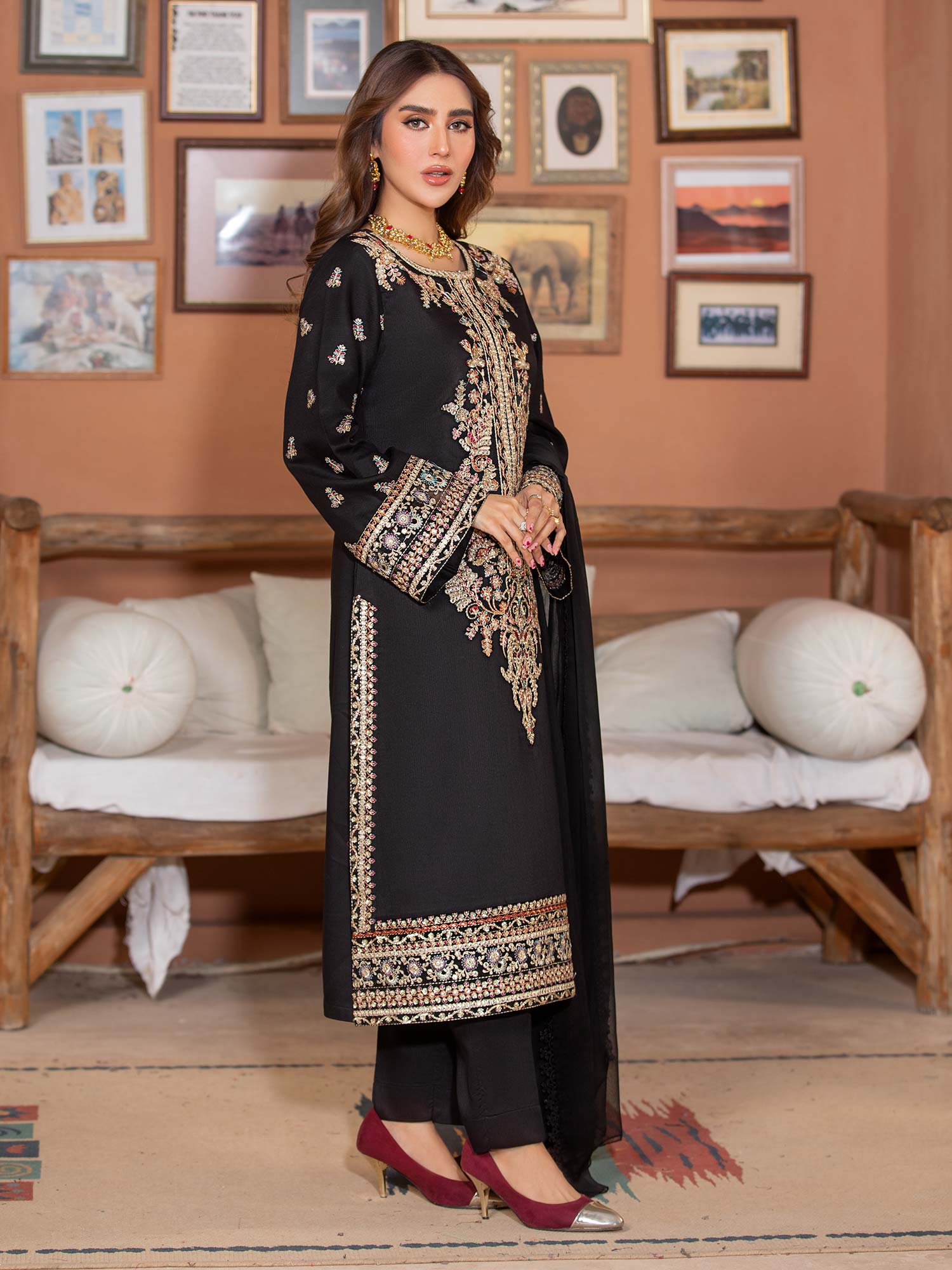 Heera's Black Luxury Embroidered Winter Linen Suit