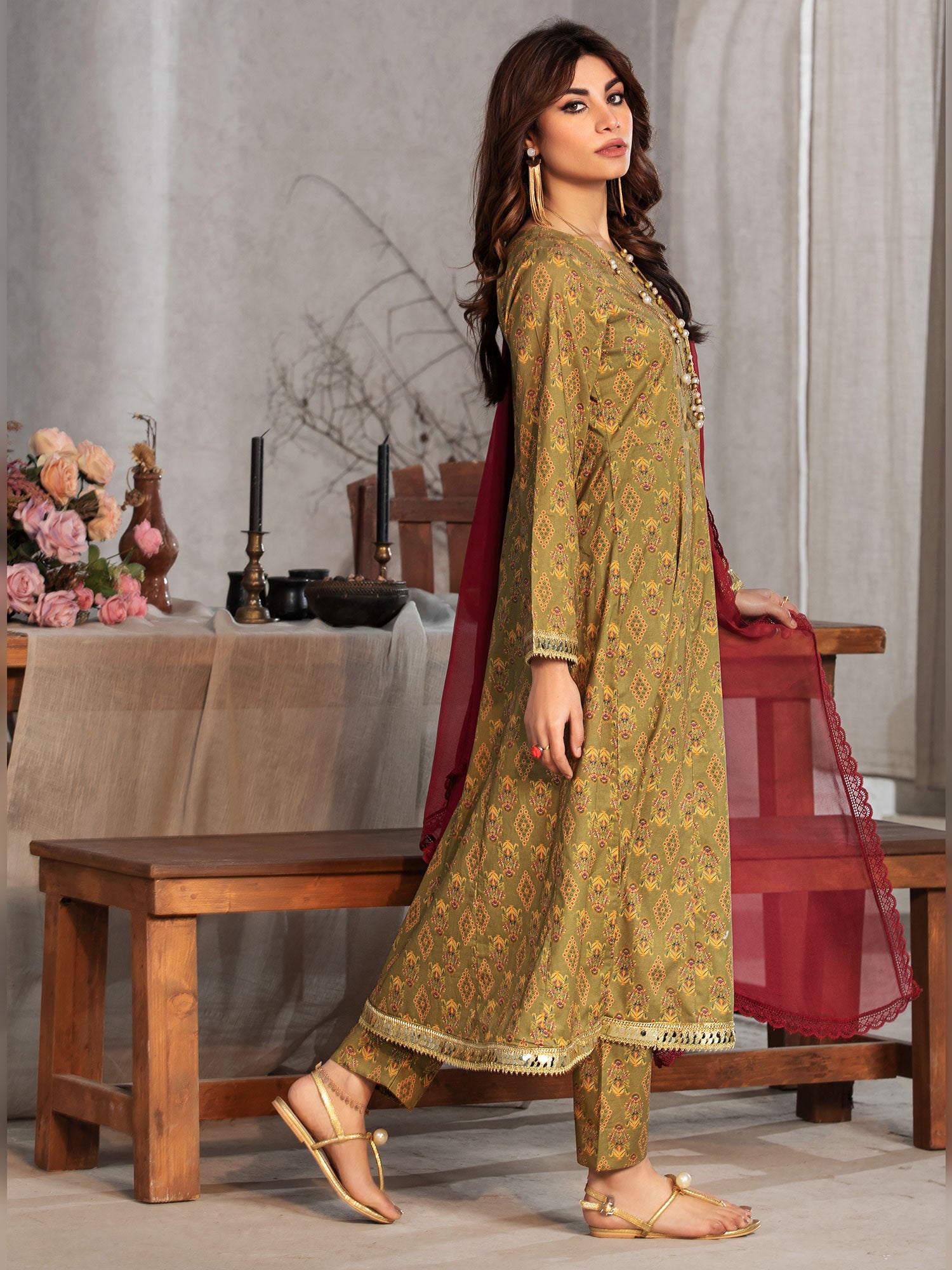 Heera's Olive Cambric 3-Piece Frock Suit