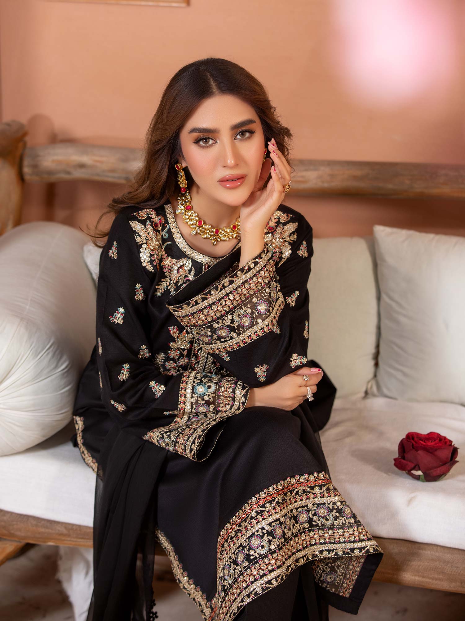 Heera's Black Luxury Embroidered Winter Linen Suit