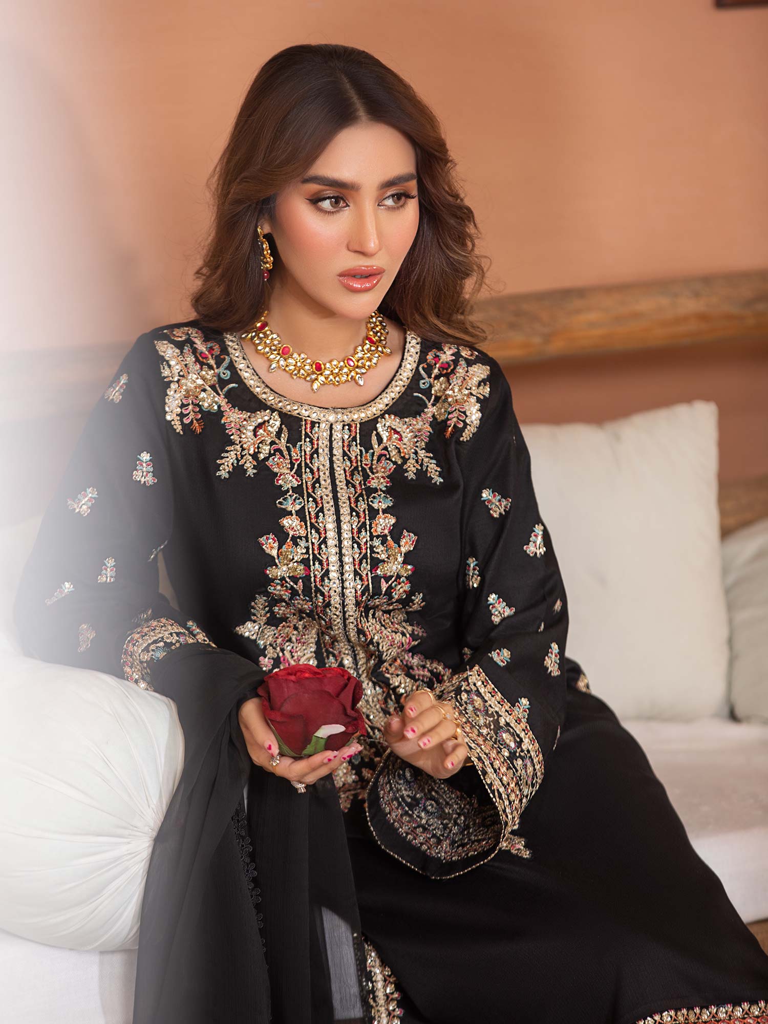 Heera's Black Luxury Embroidered Winter Linen Suit