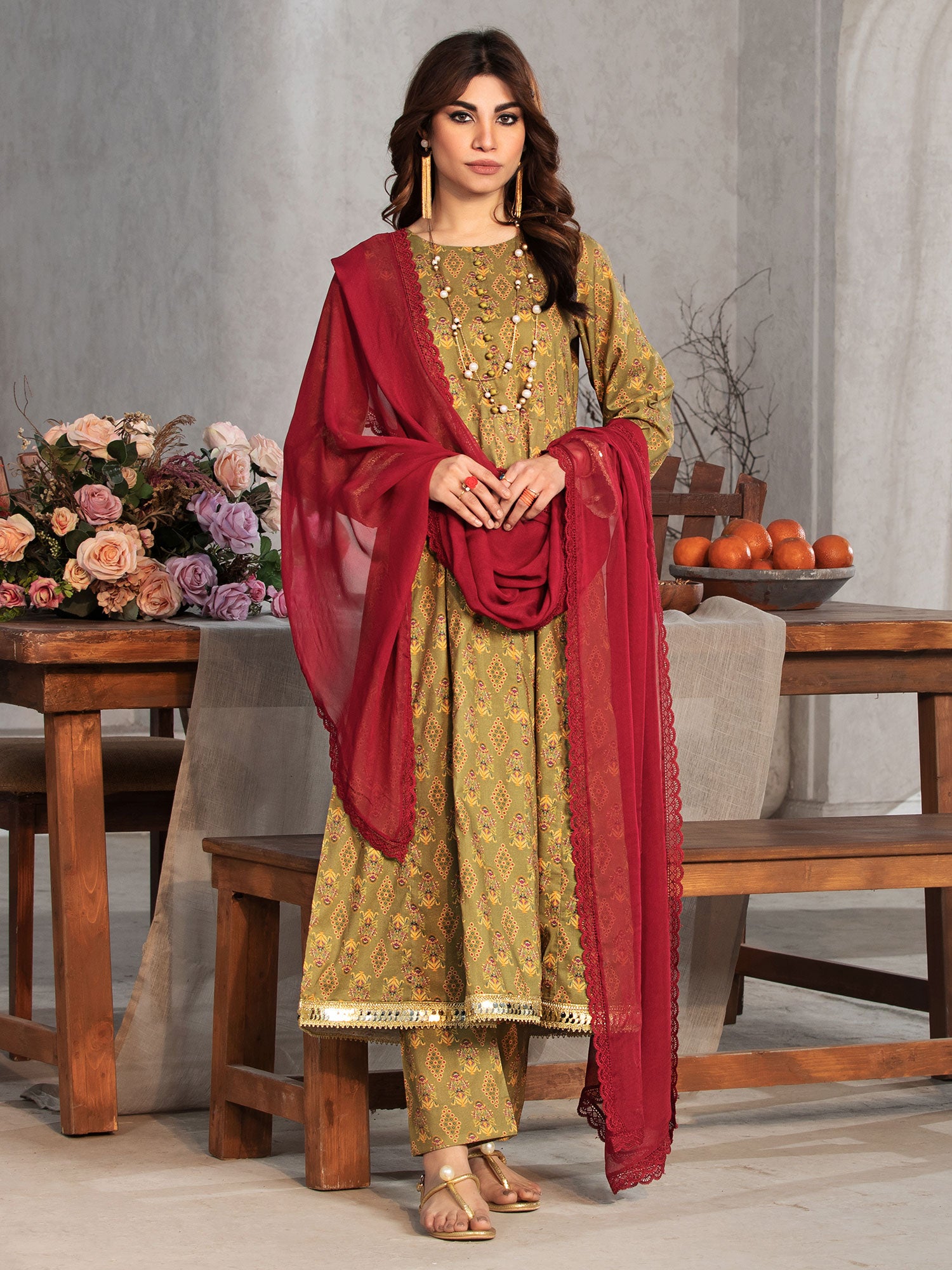 Heera's Olive Cambric 3-Piece Frock Suit