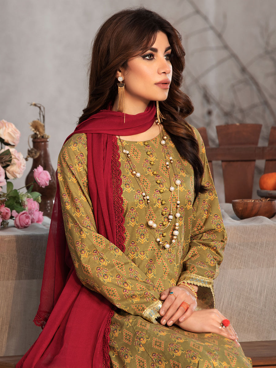 Heera's Olive Cambric 3-Piece Frock Suit – MOMINA - Designer Outfit ...