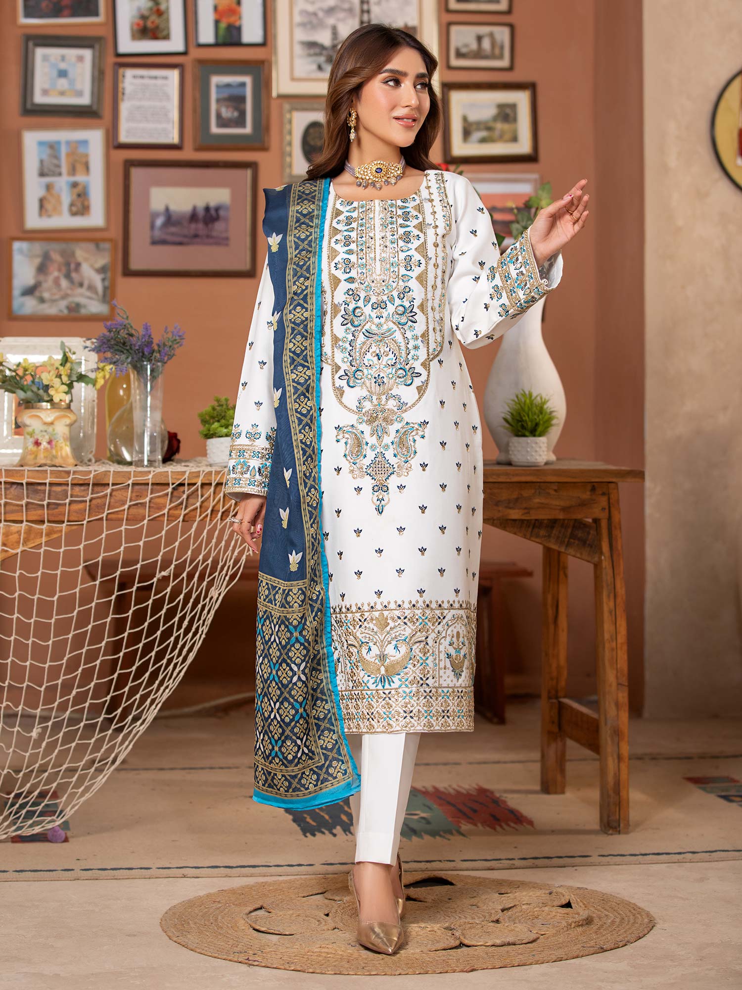 Heera's White Luxury Embroidered Winter Linen Suit