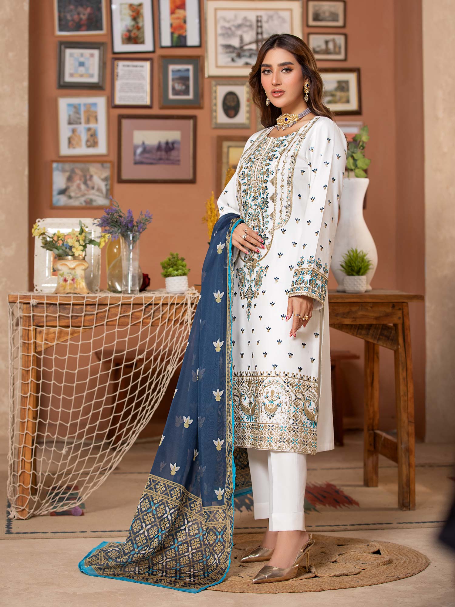 Heera's White Luxury Embroidered Winter Linen Suit