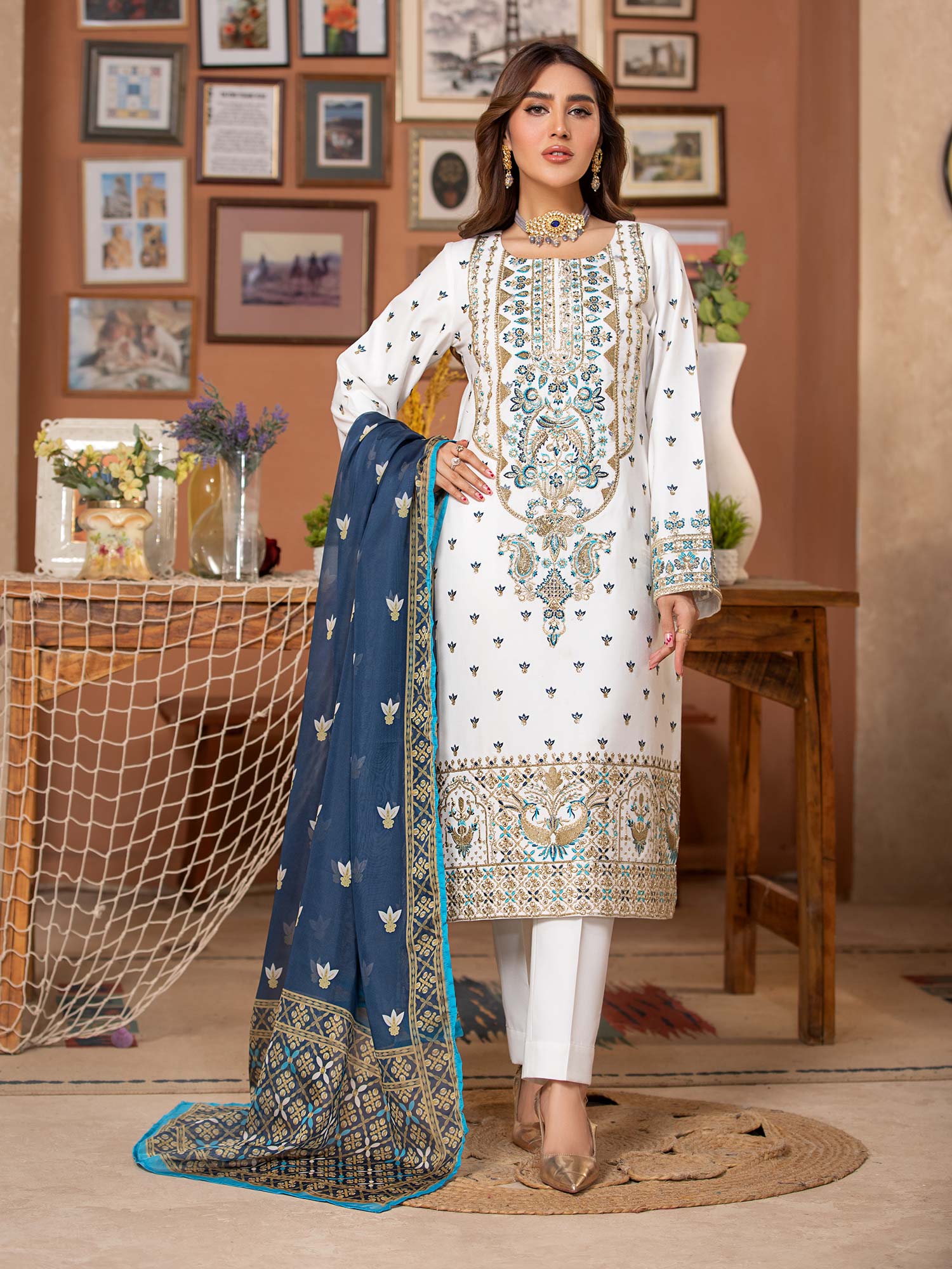 Heera's White Luxury Embroidered Winter Linen Suit