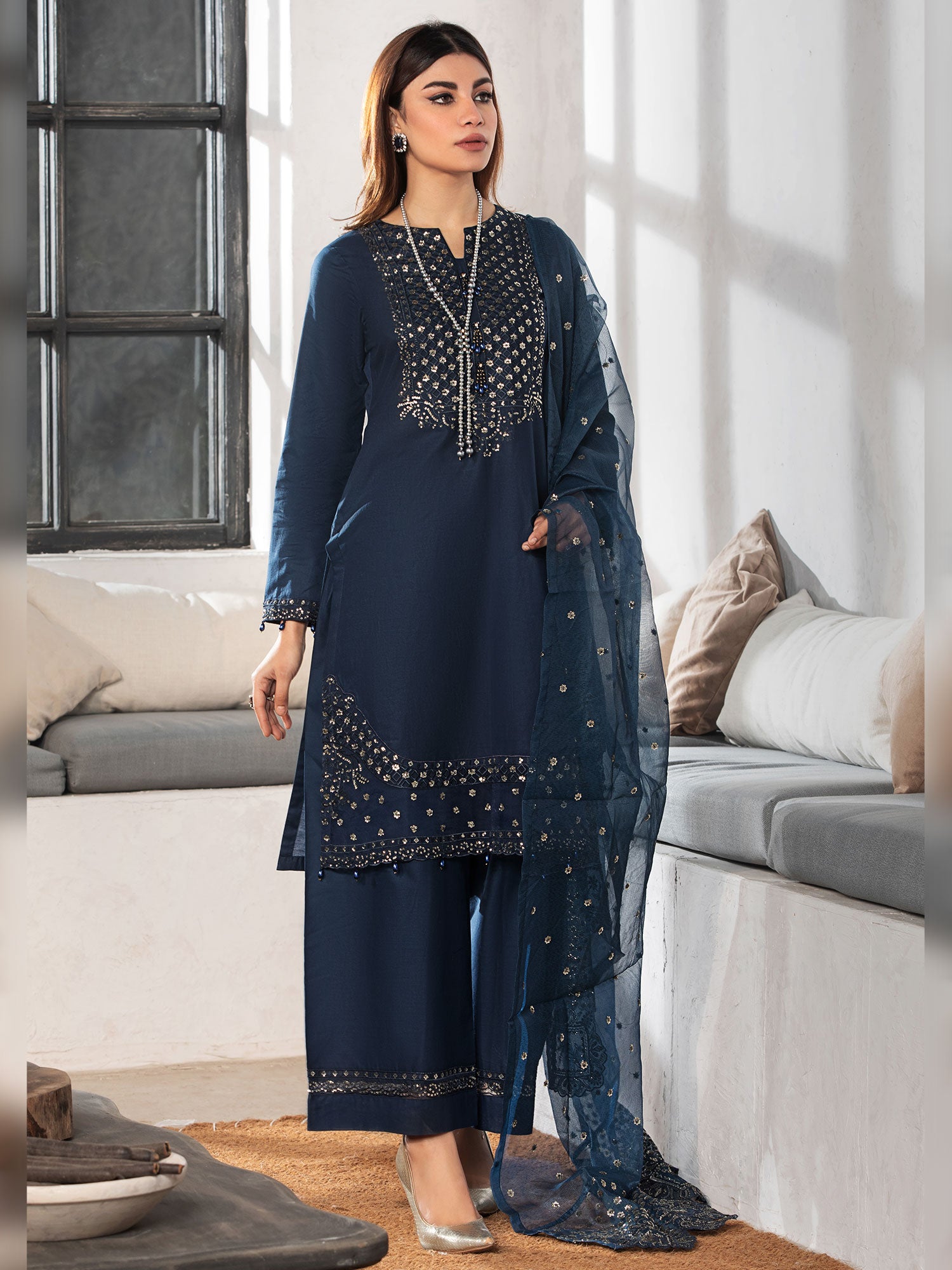 Heera's Navy Blue Embroidered Cambric Cotton Suit