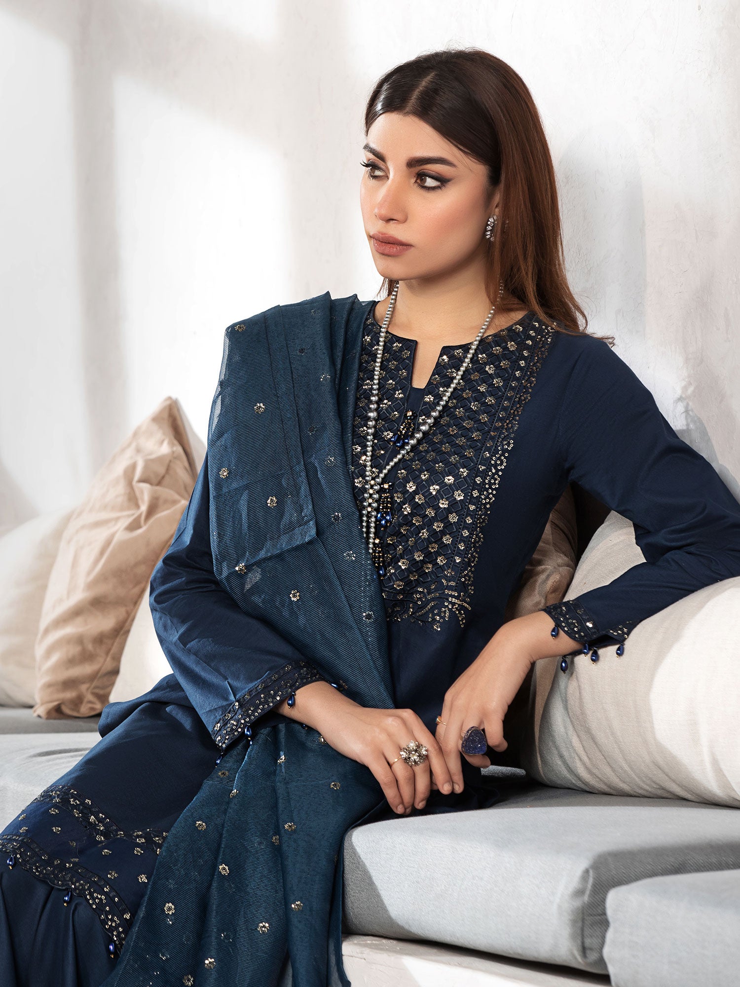 Heera's Navy Blue Embroidered Cambric Cotton Suit