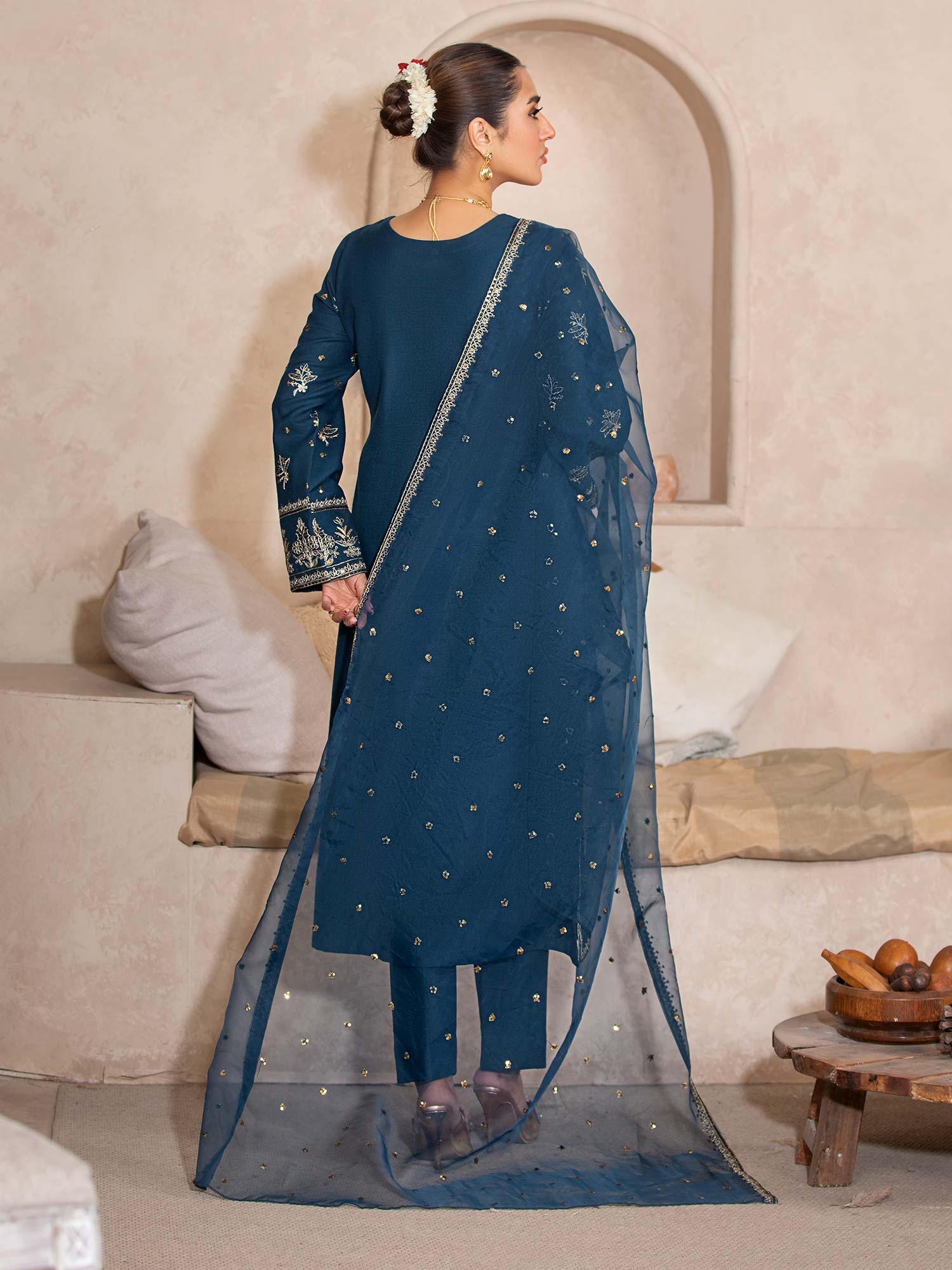 Heera's Teal Embroidered Dhanak Suit