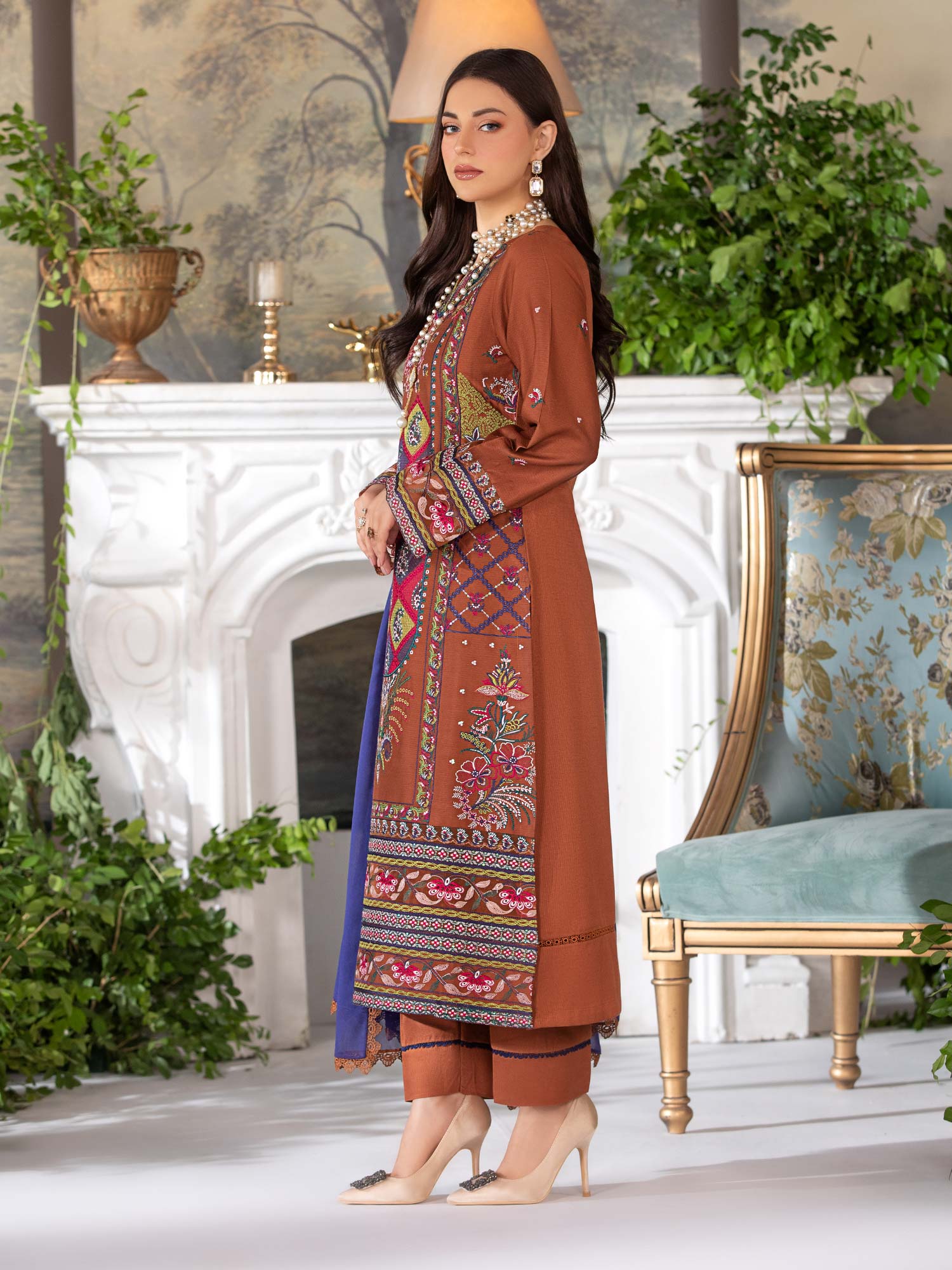 Heera's Bronze Luxury Embroidered Winter Linen Suit