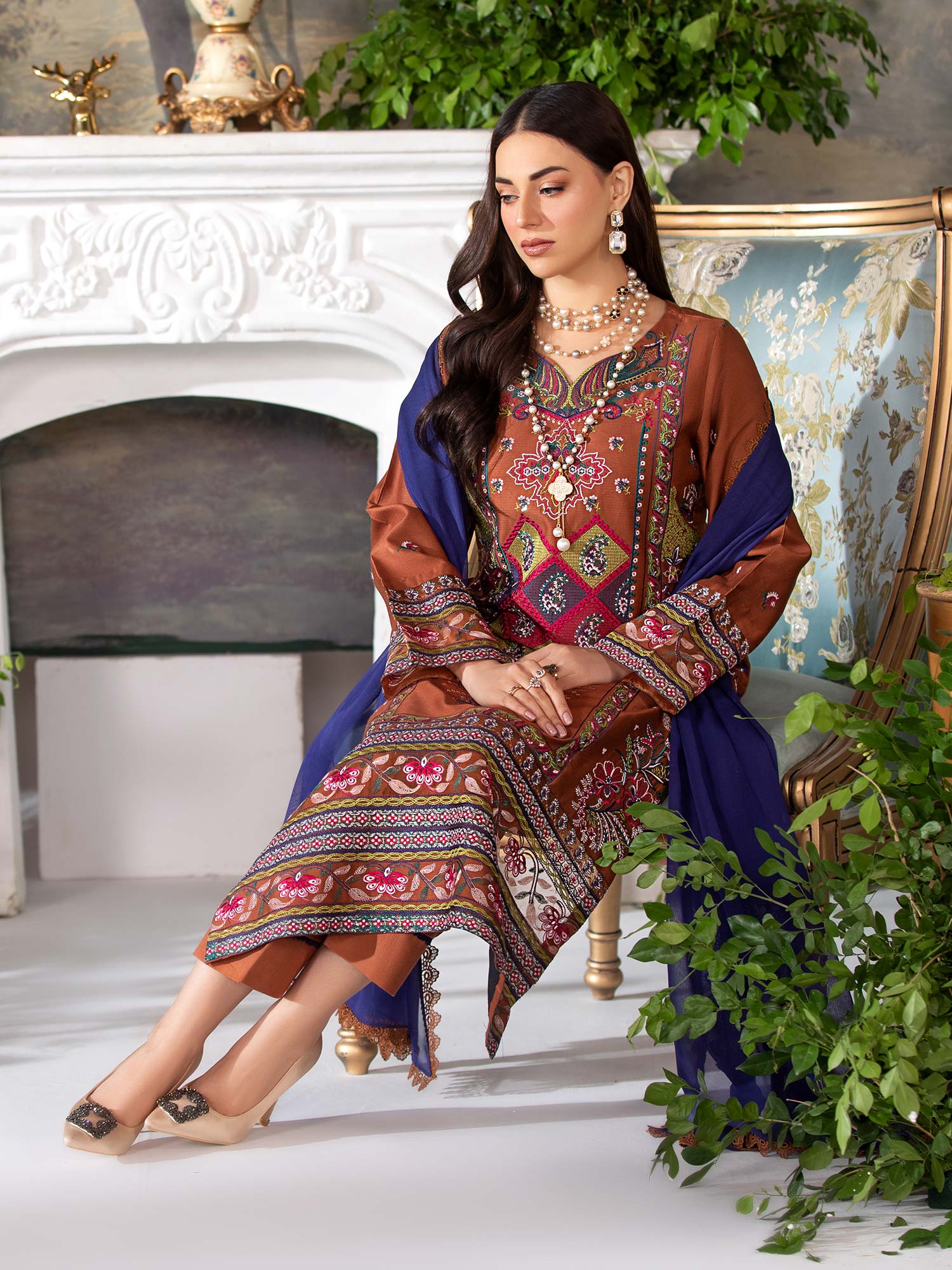 Heera's Bronze Luxury Embroidered Winter Linen Suit