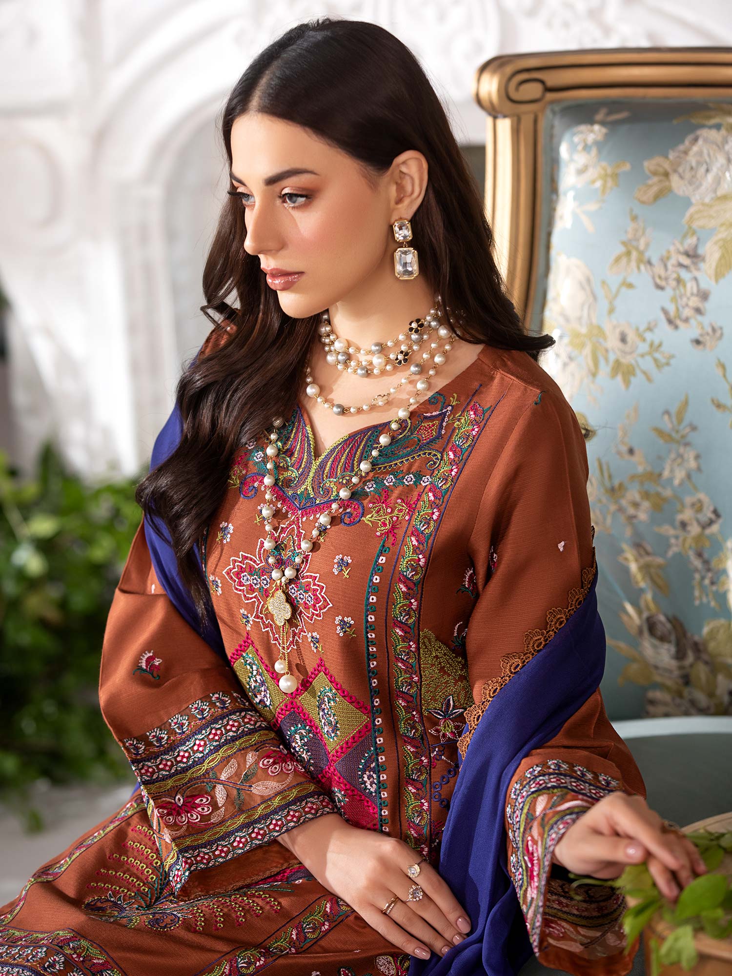 Heera's Bronze Luxury Embroidered Winter Linen Suit