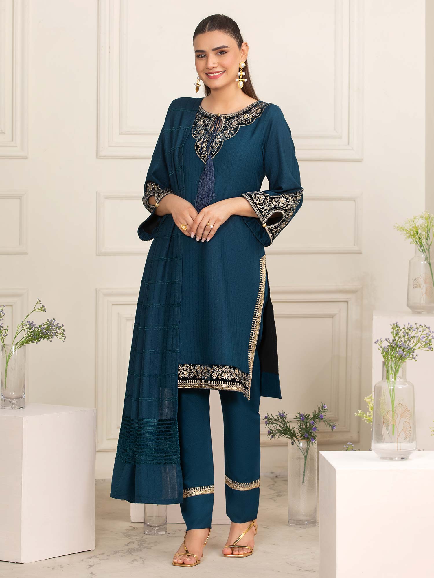 Heera's Teal Embroidered Linen Suit with Pashmina Shawl