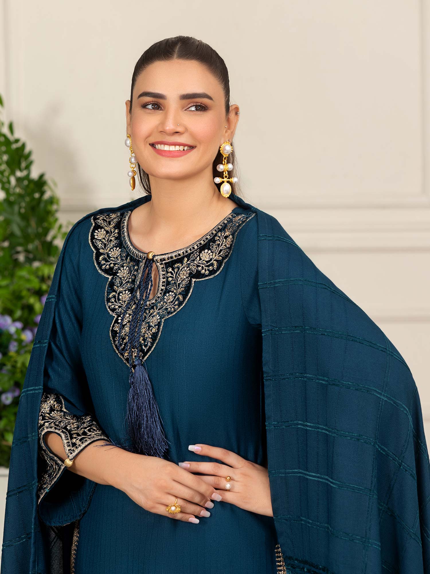 Heera's Teal Embroidered Linen Suit with Pashmina Shawl