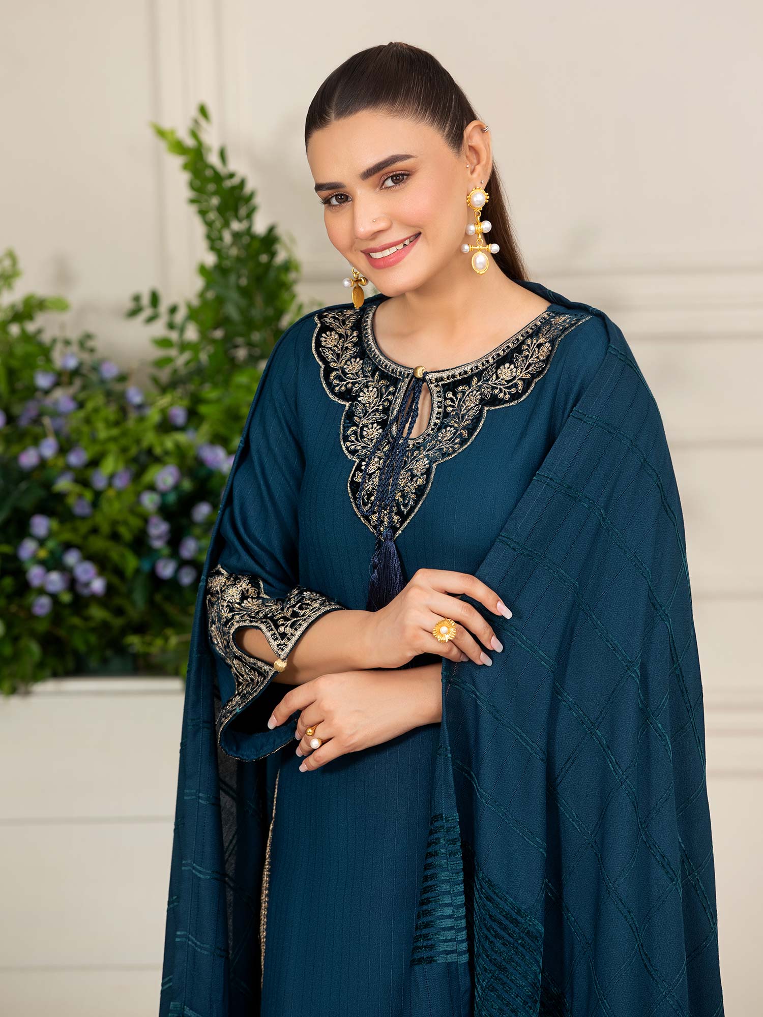 Heera's Teal Embroidered Linen Suit with Pashmina Shawl