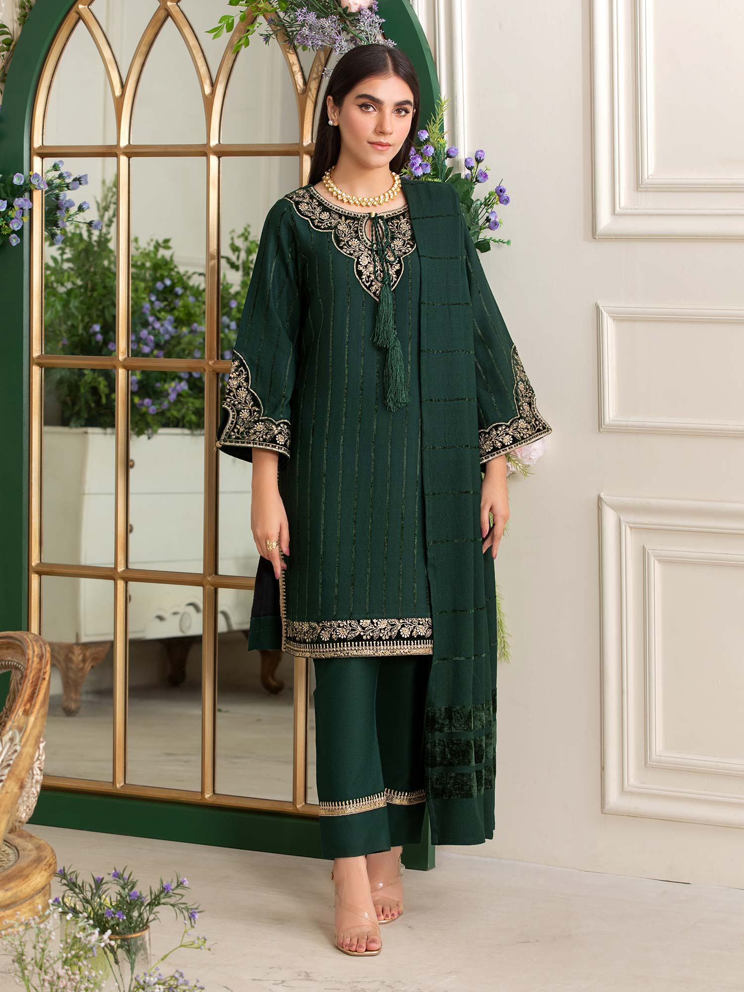 Heera's Green Embroidered Linen Suit with Pashmina Shawl