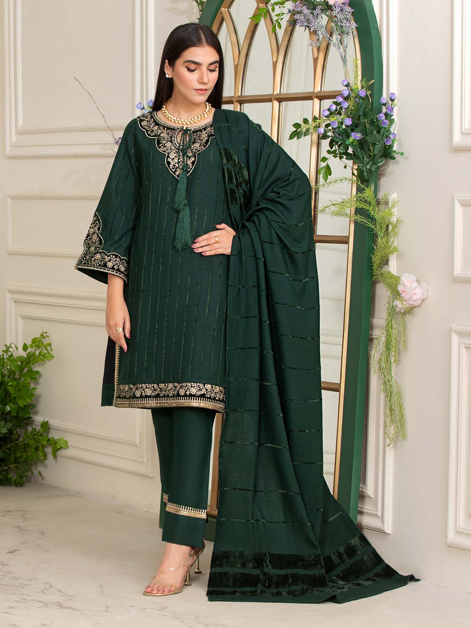 Heera's Green Embroidered Linen Suit with Pashmina Shawl