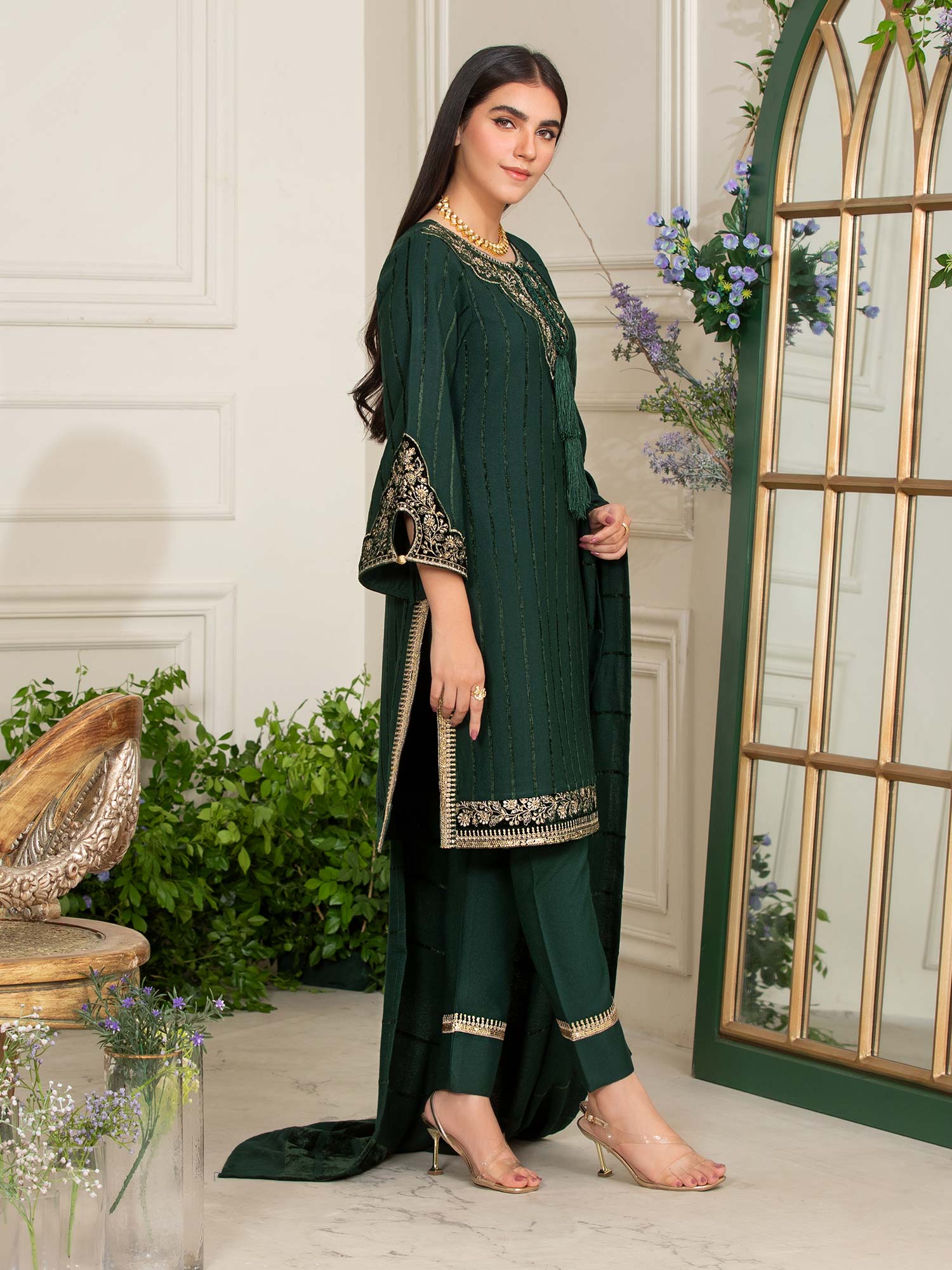 Heera's Green Embroidered Linen Suit with Pashmina Shawl