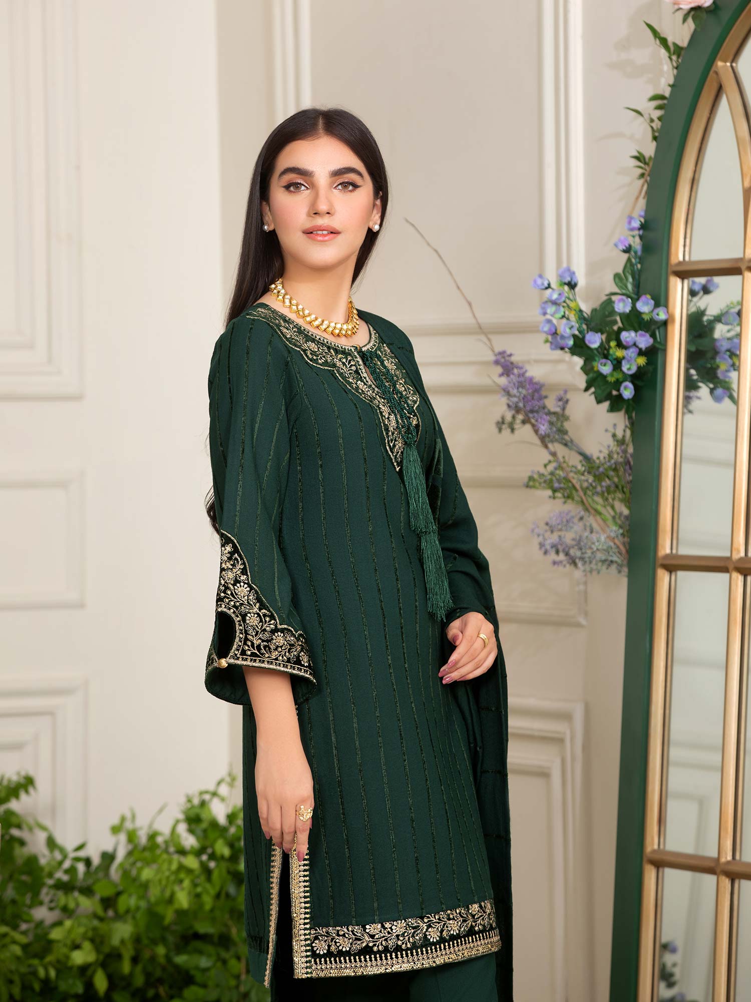 Heera's Green Embroidered Linen Suit with Pashmina Shawl