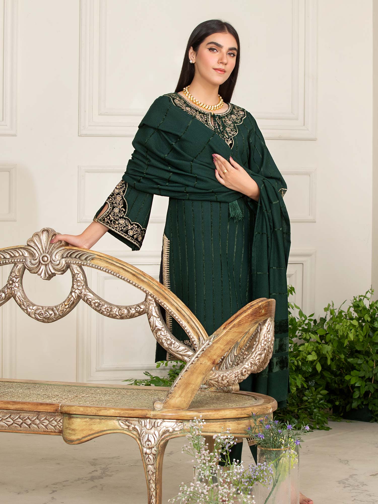 Heera's Green Embroidered Linen Suit with Pashmina Shawl