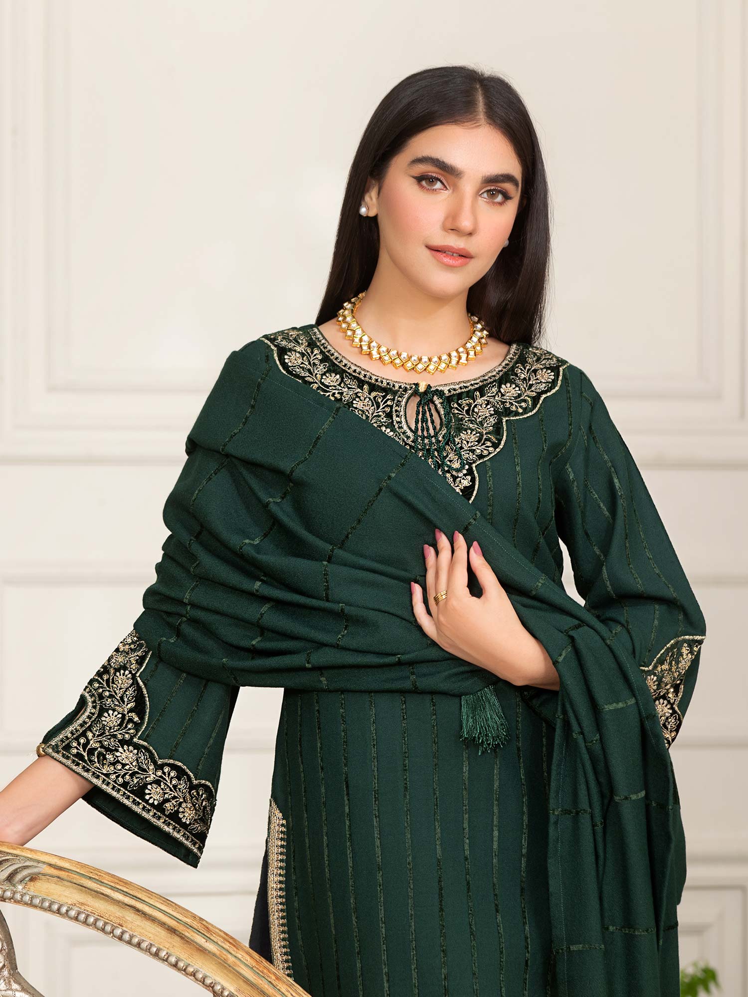 Heera's Green Embroidered Linen Suit with Pashmina Shawl