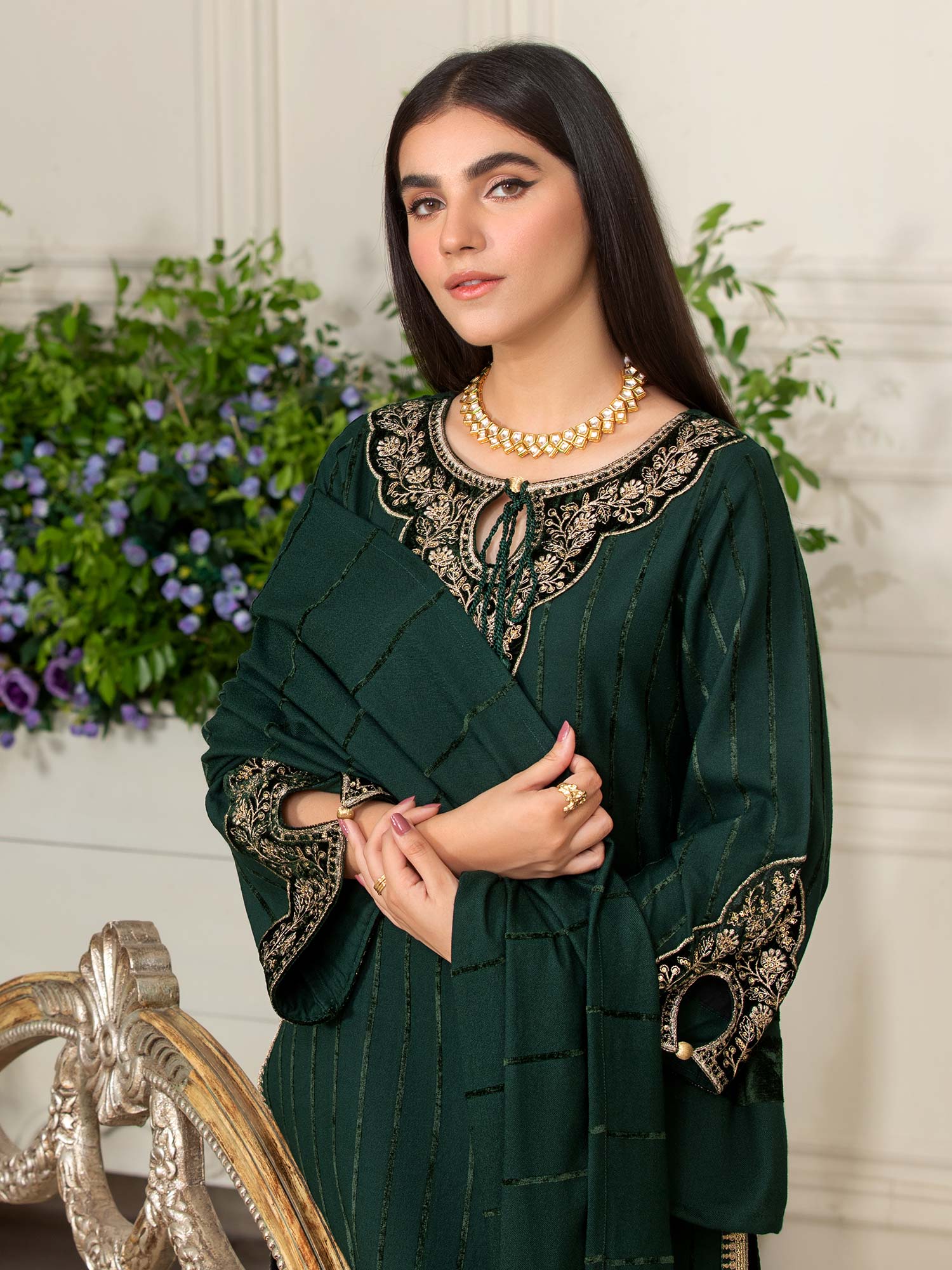 Heera's Green Embroidered Linen Suit with Pashmina Shawl