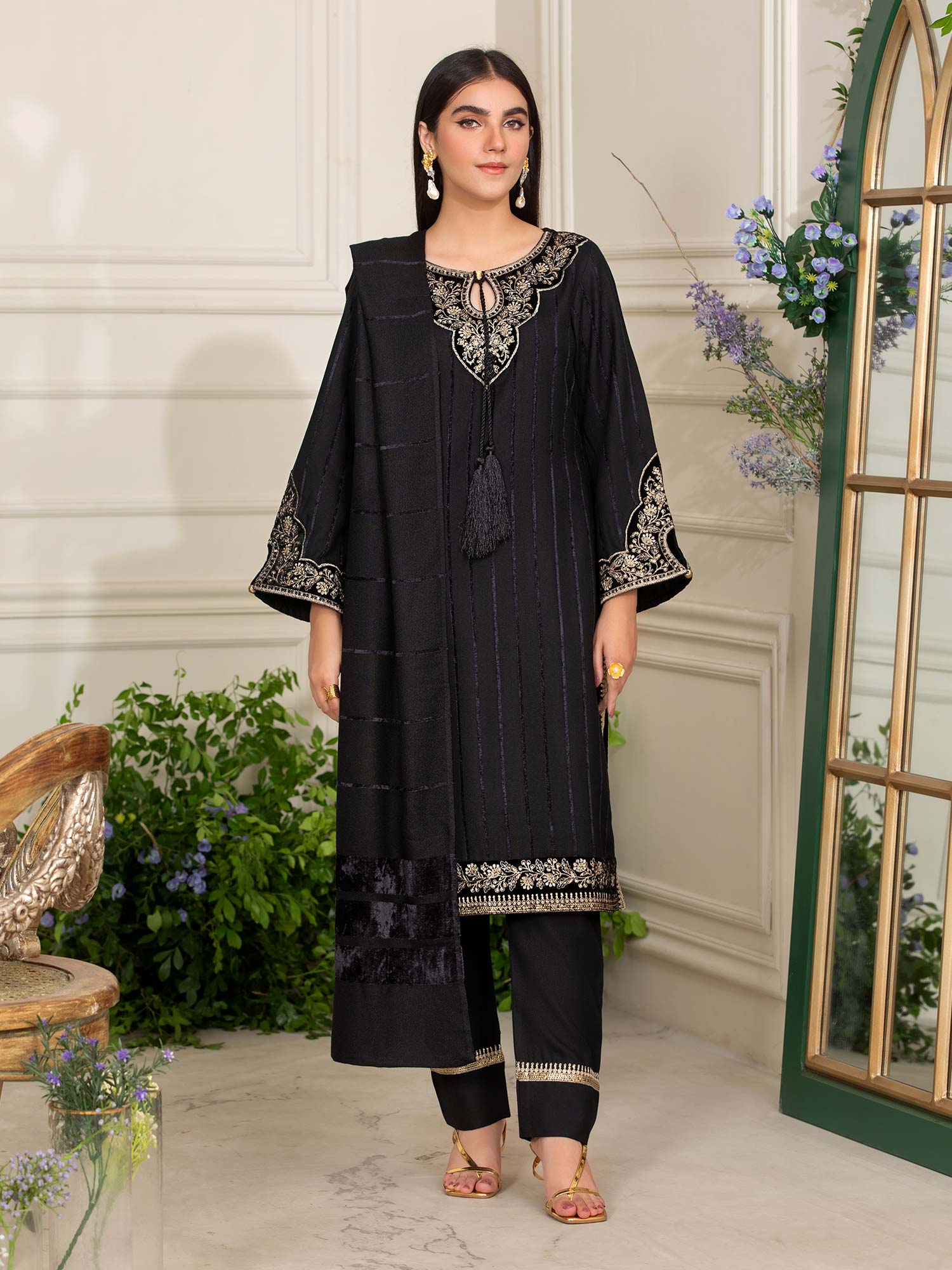 Heera's Black Embroidered Linen Suit with Pashmina Shawl