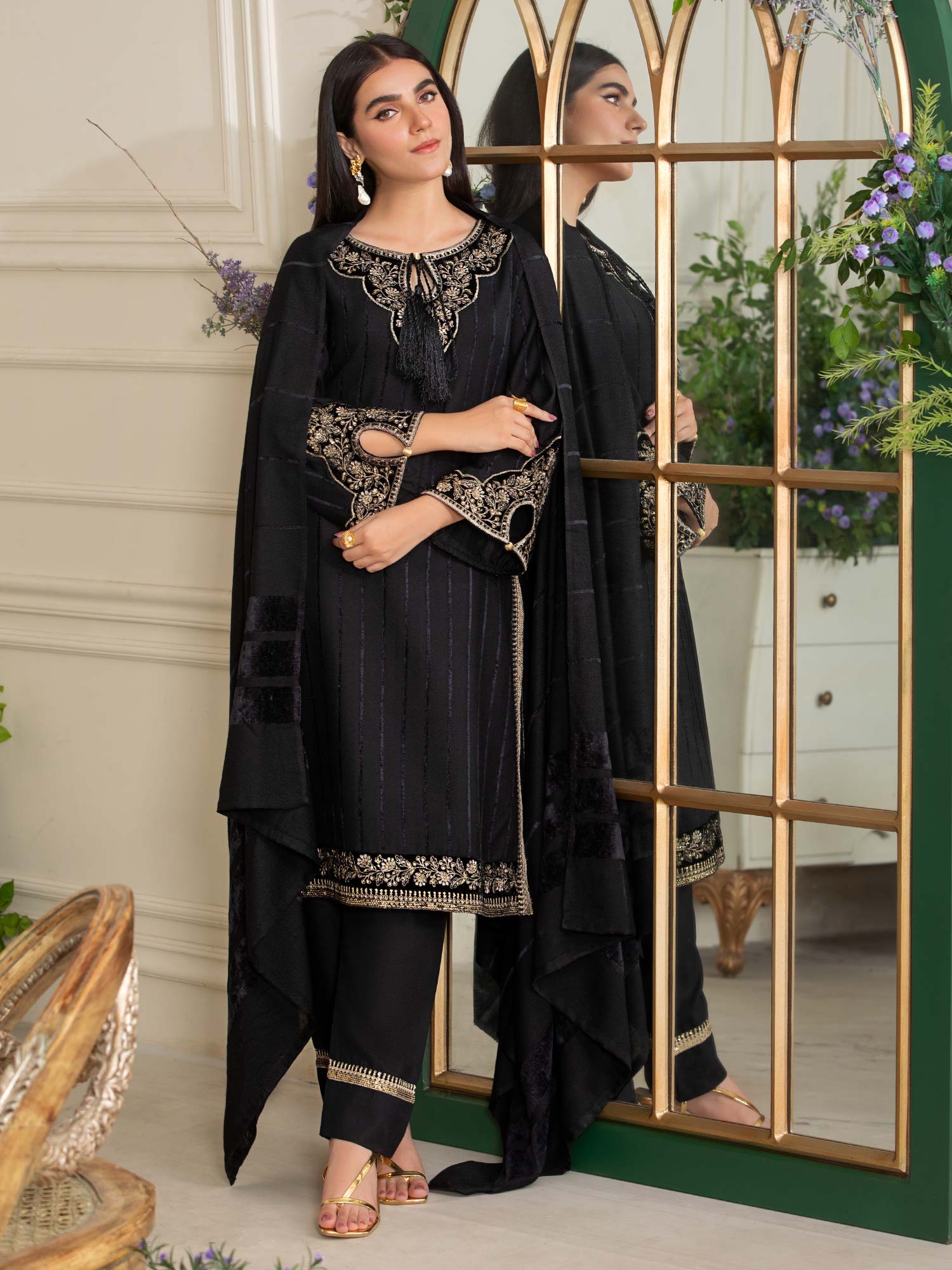 Heera's Black Embroidered Linen Suit with Pashmina Shawl