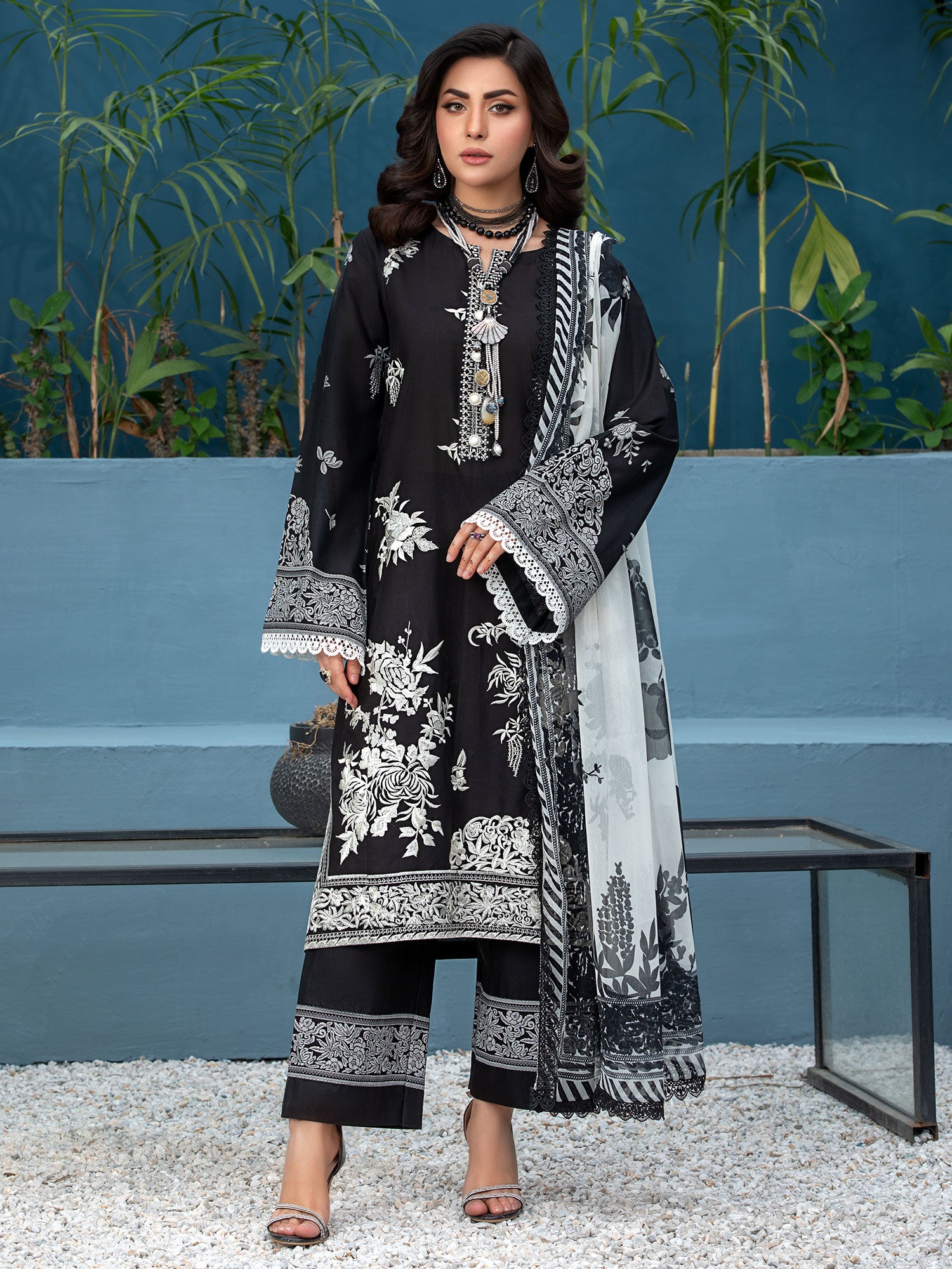 Heera's Black Embroidered Cambric Cotton Suit