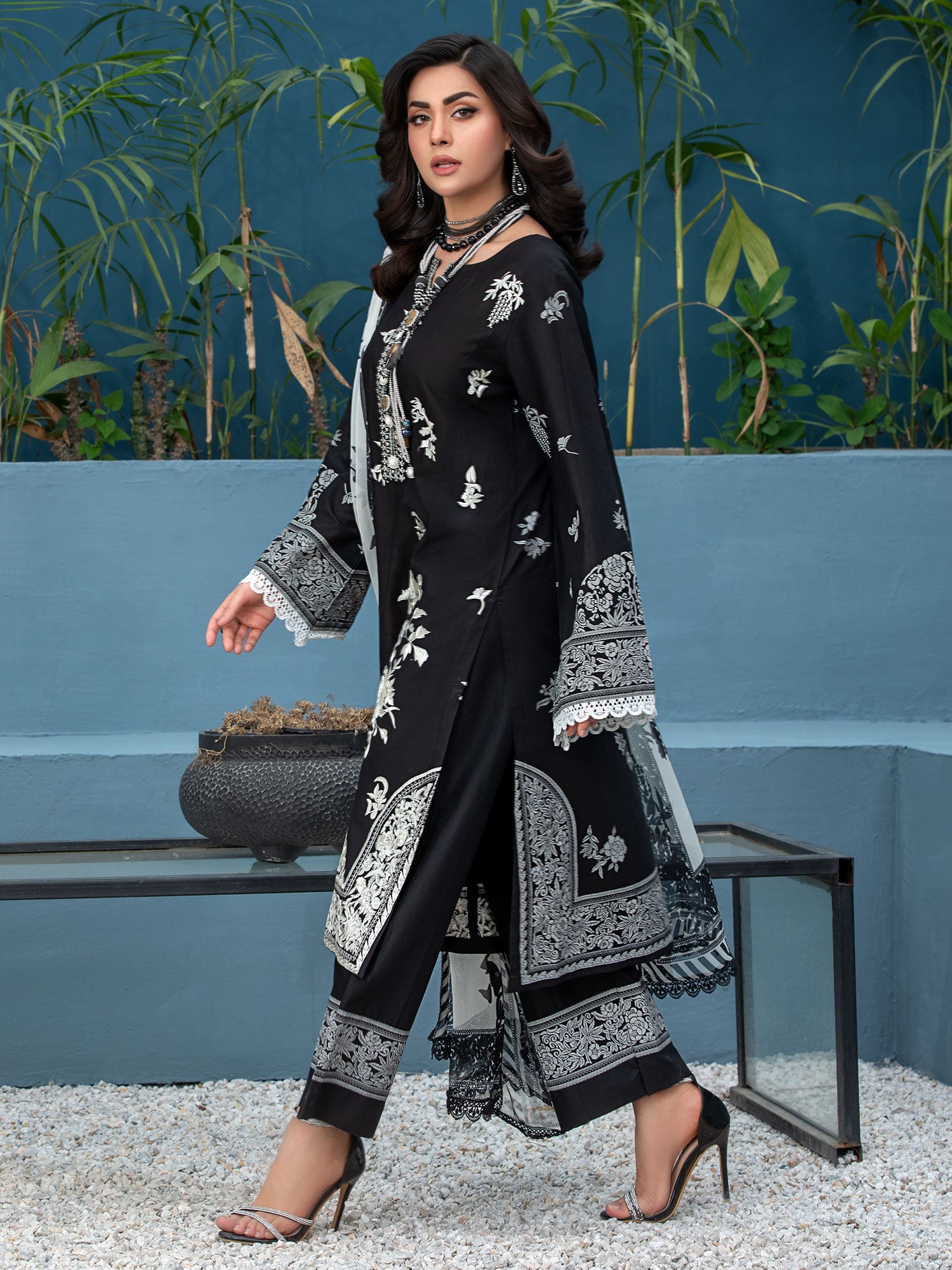 Heera's Black Embroidered Cambric Cotton Suit