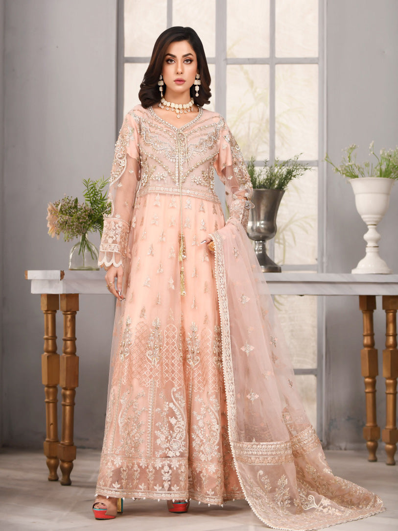 Zarqun Pink Fancy Embroidered Net 3-Piece Maxi Suit