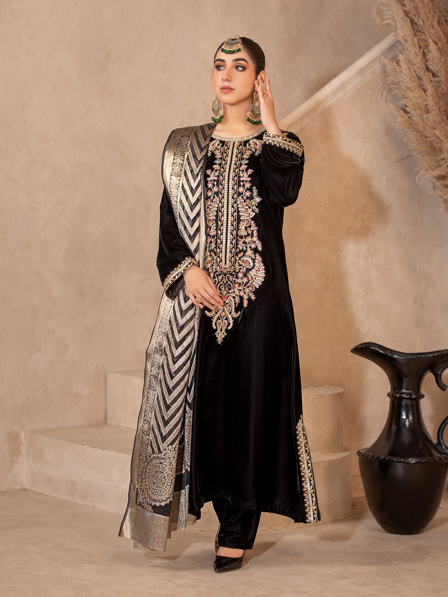 Heera's Black Embroidered Velvet Long 3-Piece Suit