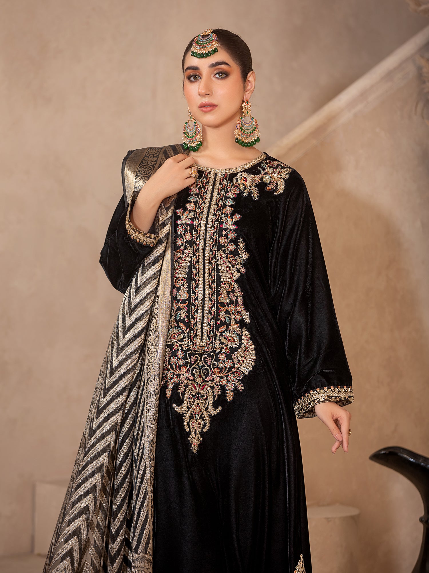 Heera's Black Embroidered Velvet Long 3-Piece Suit