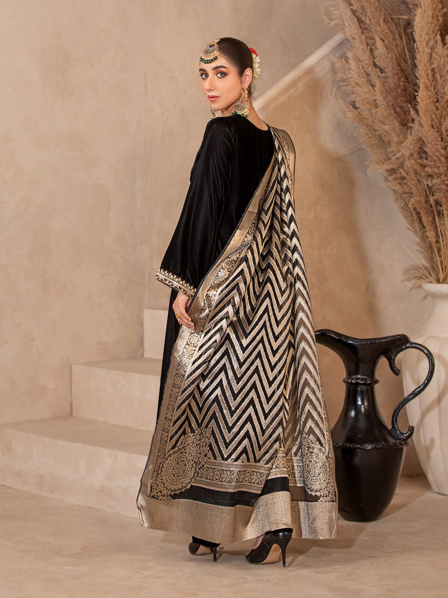 Heera's Black Embroidered Velvet Long 3-Piece Suit