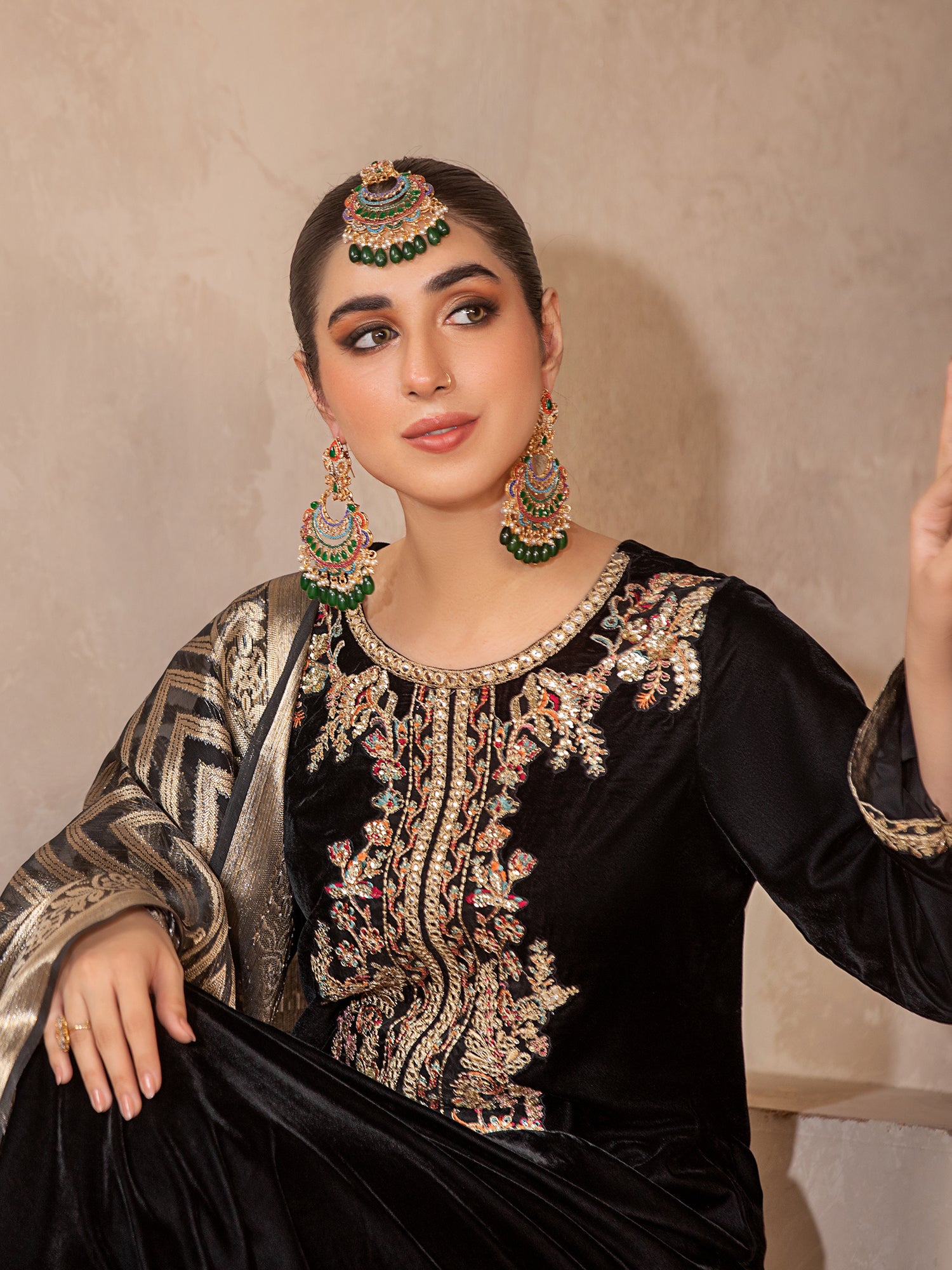 Heera's Black Embroidered Velvet Long 3-Piece Suit