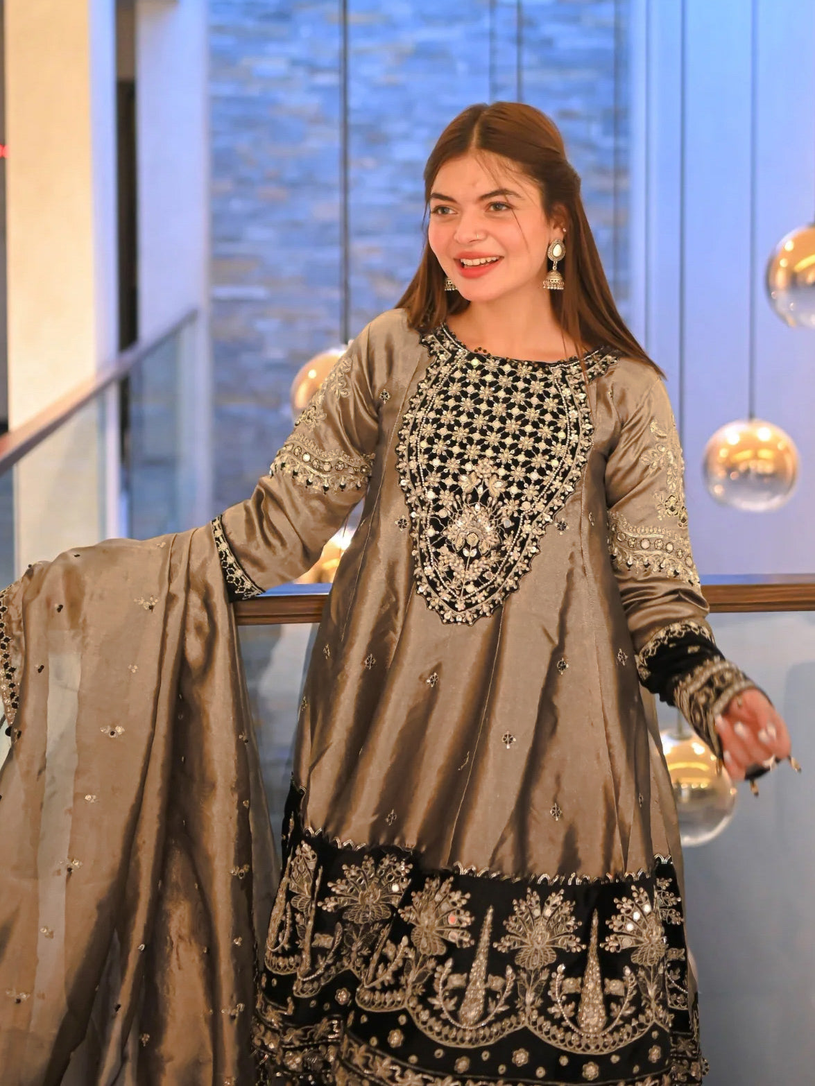 Ally's Copper Embroidered Raw Silk Suit with Gharara (AL-3763)